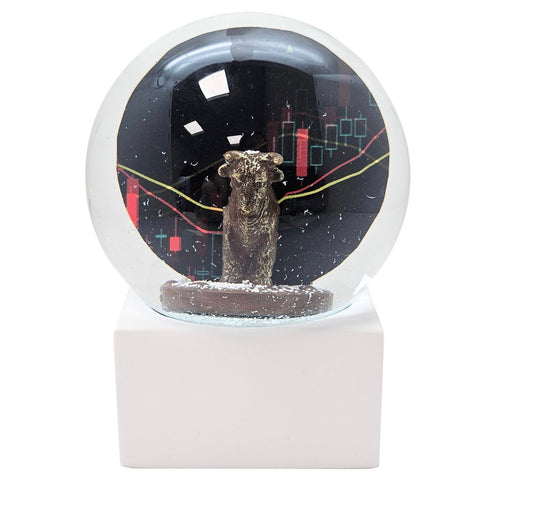 Moderne Designer Schneekugel Börse Bulle & Bär auf Sockel weiß eck 100 mm Durchmesser - Schneekugelhaus