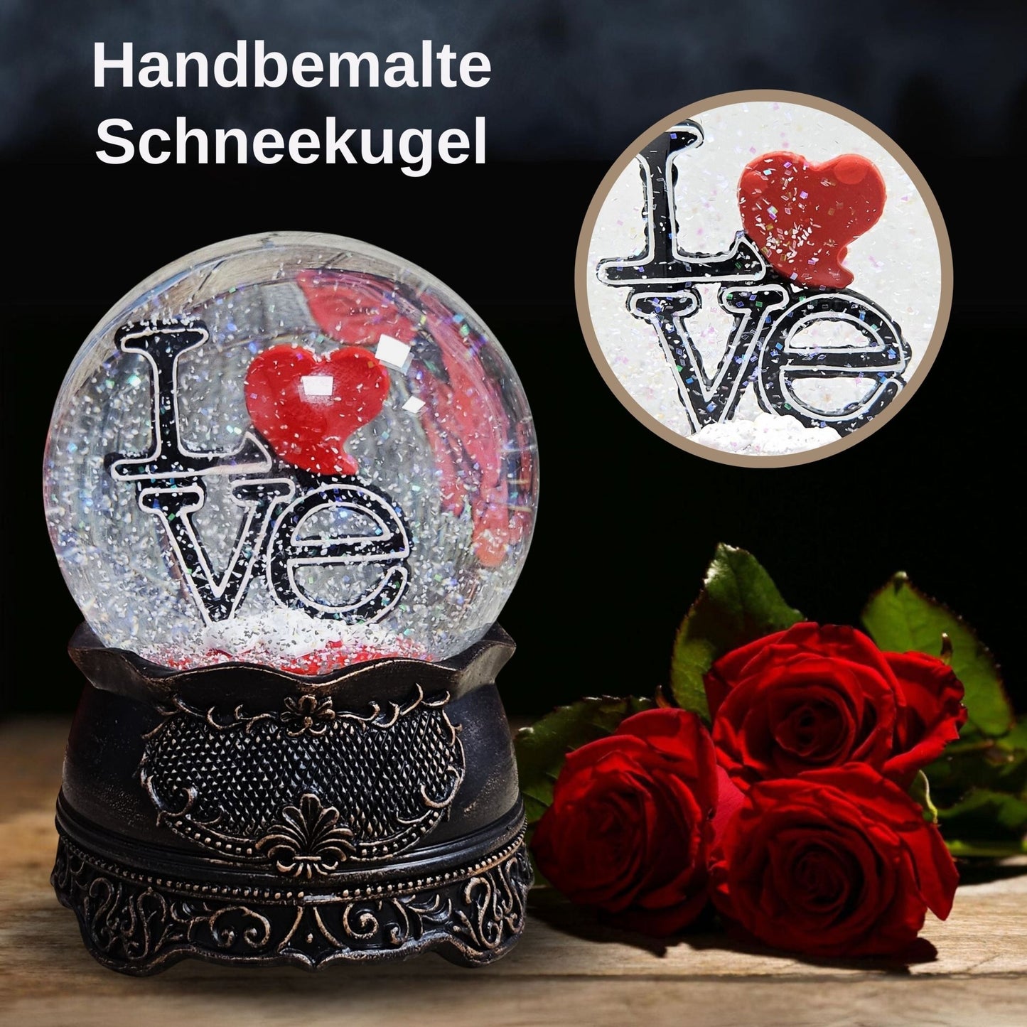 Moderne Designer Schneekugel LOVE auf Sockel Nostalgie mit Spieluhr 100 mm Durchmesser - Schneekugelhaus