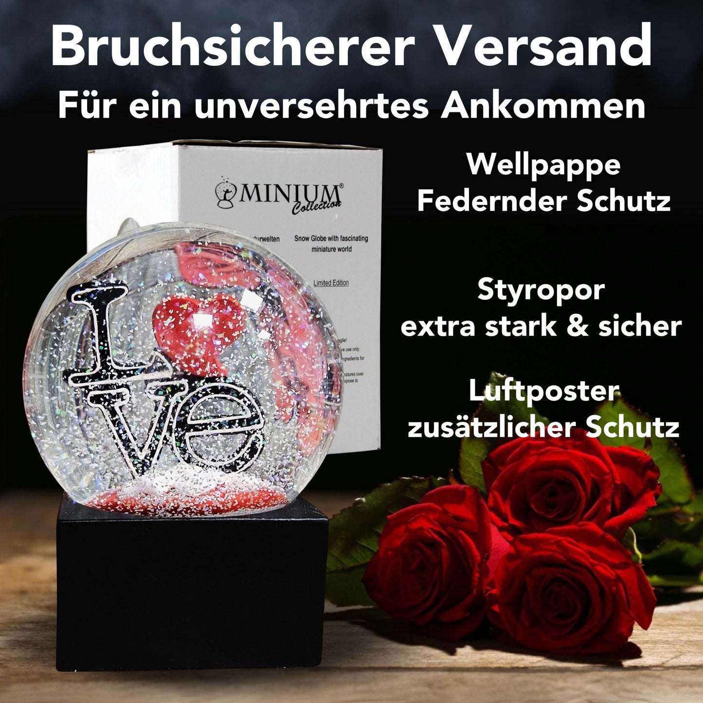 Moderne Designer Schneekugel LOVE auf Sockel schwarz eck 100 mm Durchmesser - Schneekugelhaus