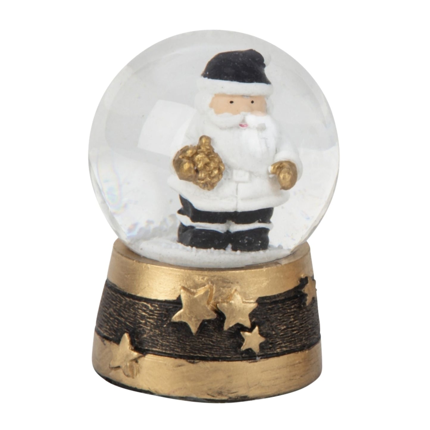 Moderne Mini - Schneekugel Weihnachtsmann schwarz weiß auf Sockel gold schwarz Sterne B: 45mm - Schneekugelhaus