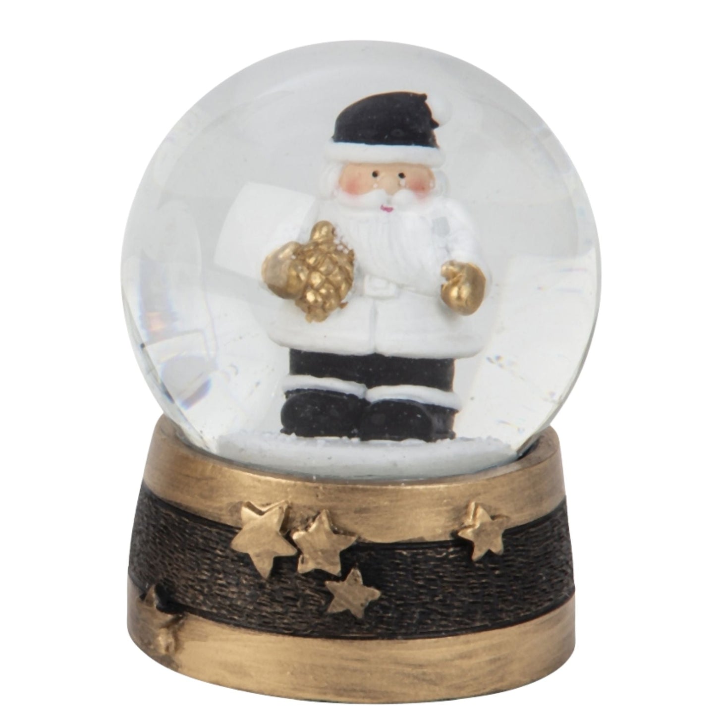 Moderne Mini - Schneekugel Weihnachtsmann schwarz weiß auf Sockel gold schwarz Sterne B: 65mm - Schneekugelhaus
