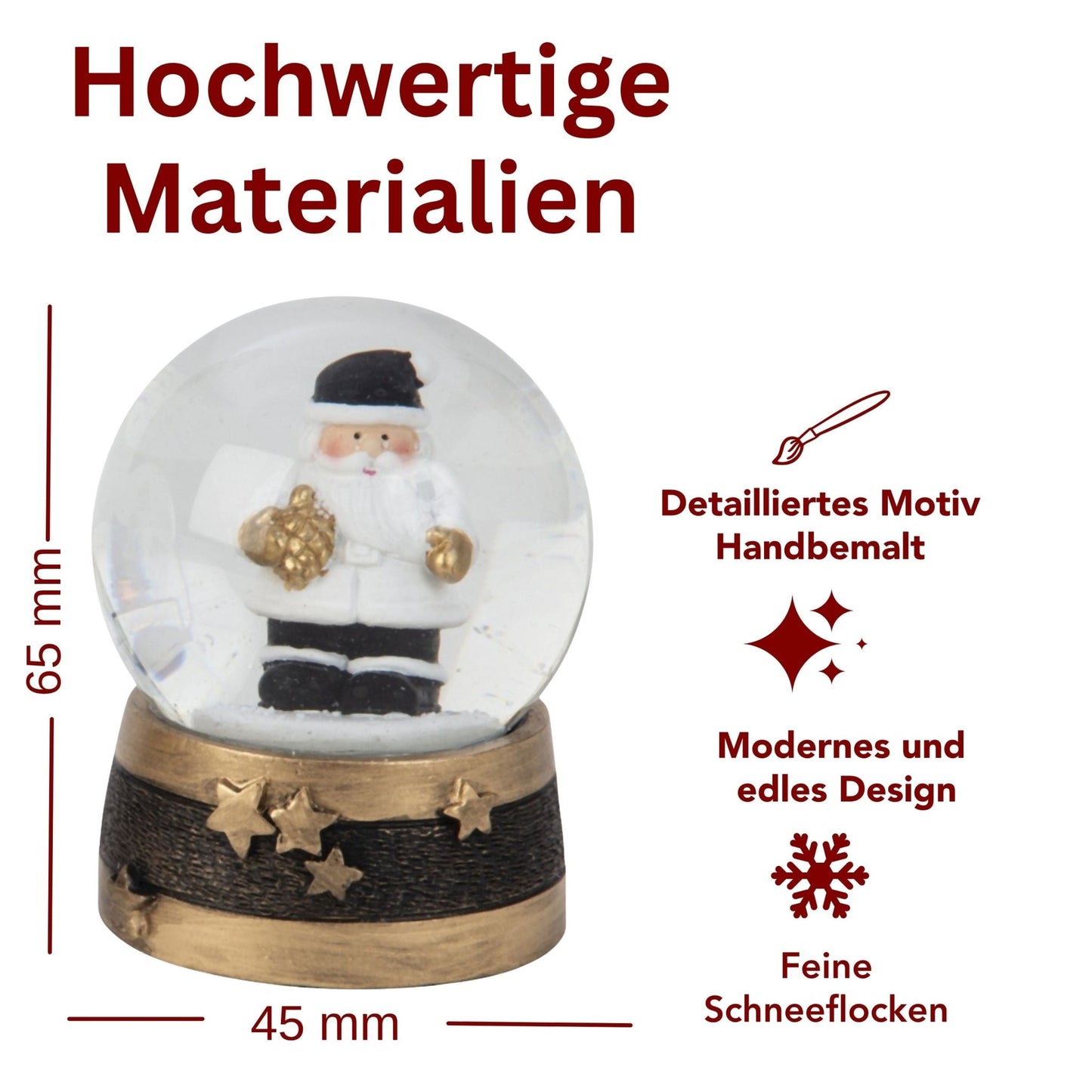 Moderne Mini - Schneekugel Weihnachtsmann schwarz weiß auf Sockel gold schwarz Sterne B: 65mm - Schneekugelhaus