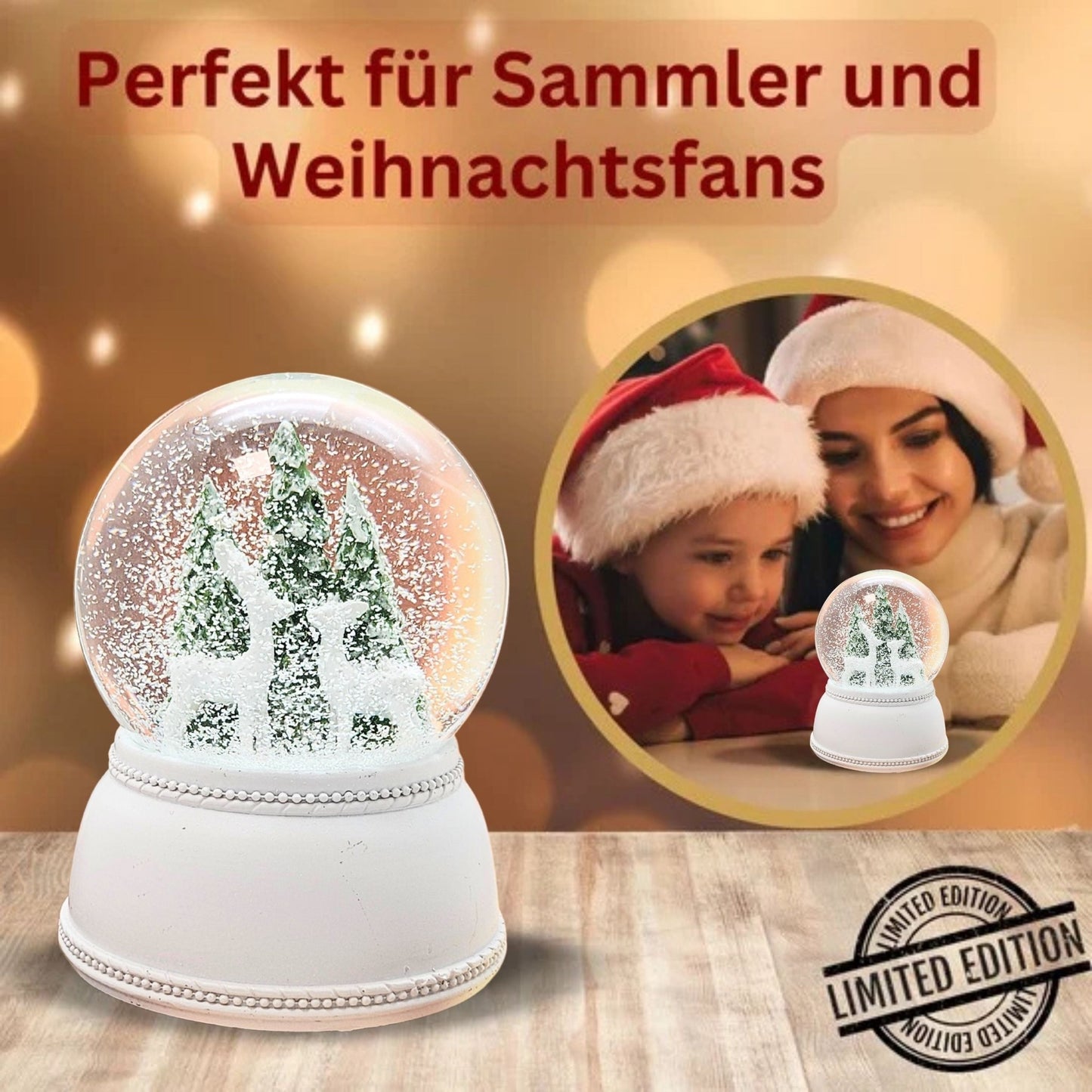 Nostalgische Schneekugel 2 Rehe vor Tannenbäumen auf Sockel weiß Nostalgie 100 mm Durchmesser mit Spieluhr - Schneekugelhaus