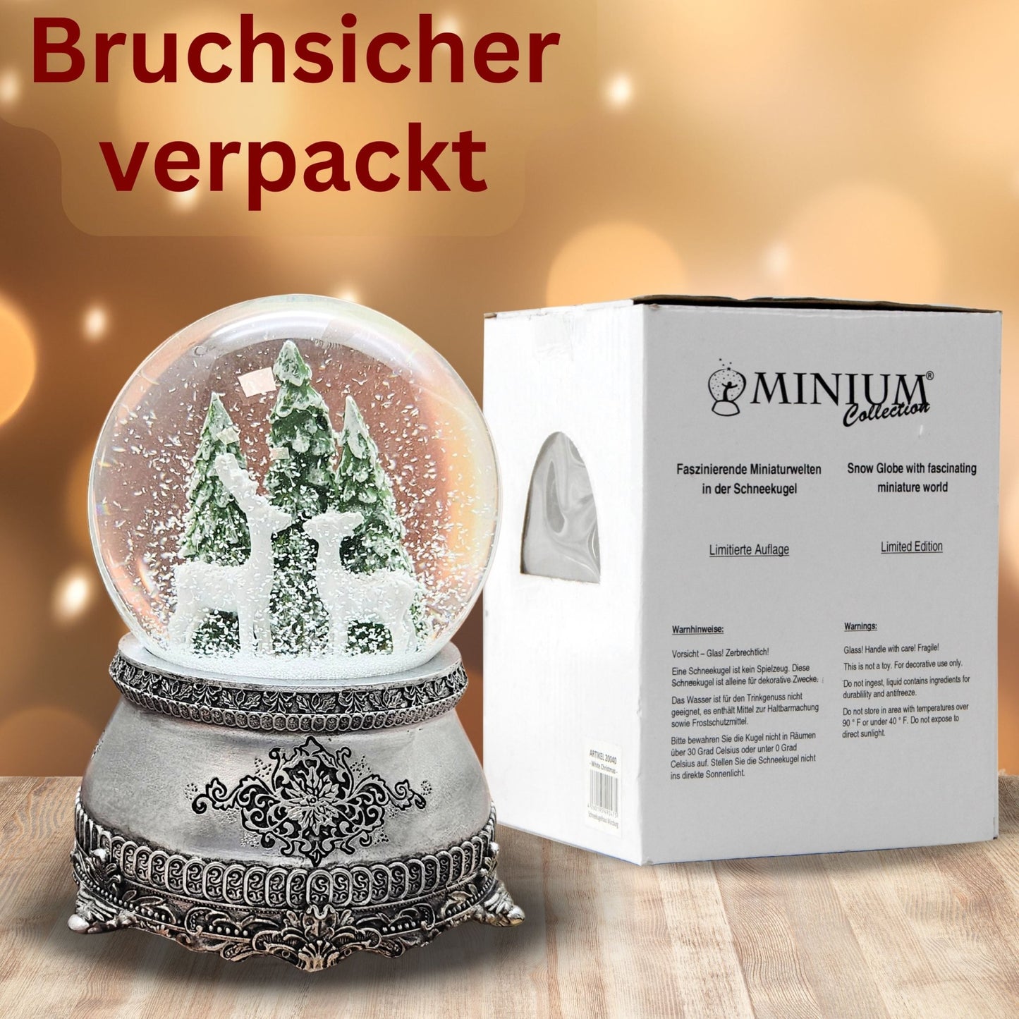 Nostalgische Schneekugel 2 Rehe vor Tannenbäumen auf Zinnsockel 100 mm Durchmesser mit Spieluhr - Schneekugelhaus