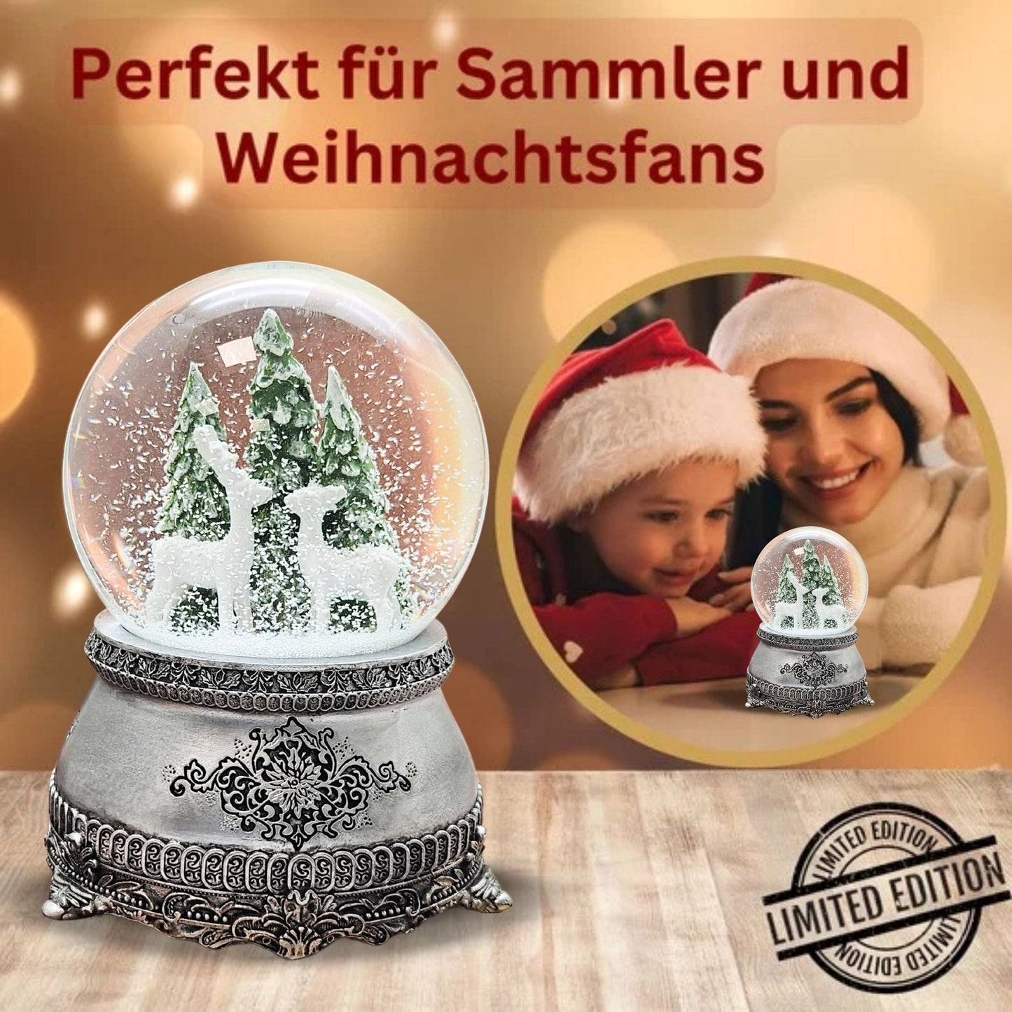 Nostalgische Schneekugel 2 Rehe vor Tannenbäumen auf Zinnsockel 100 mm Durchmesser mit Spieluhr - Schneekugelhaus