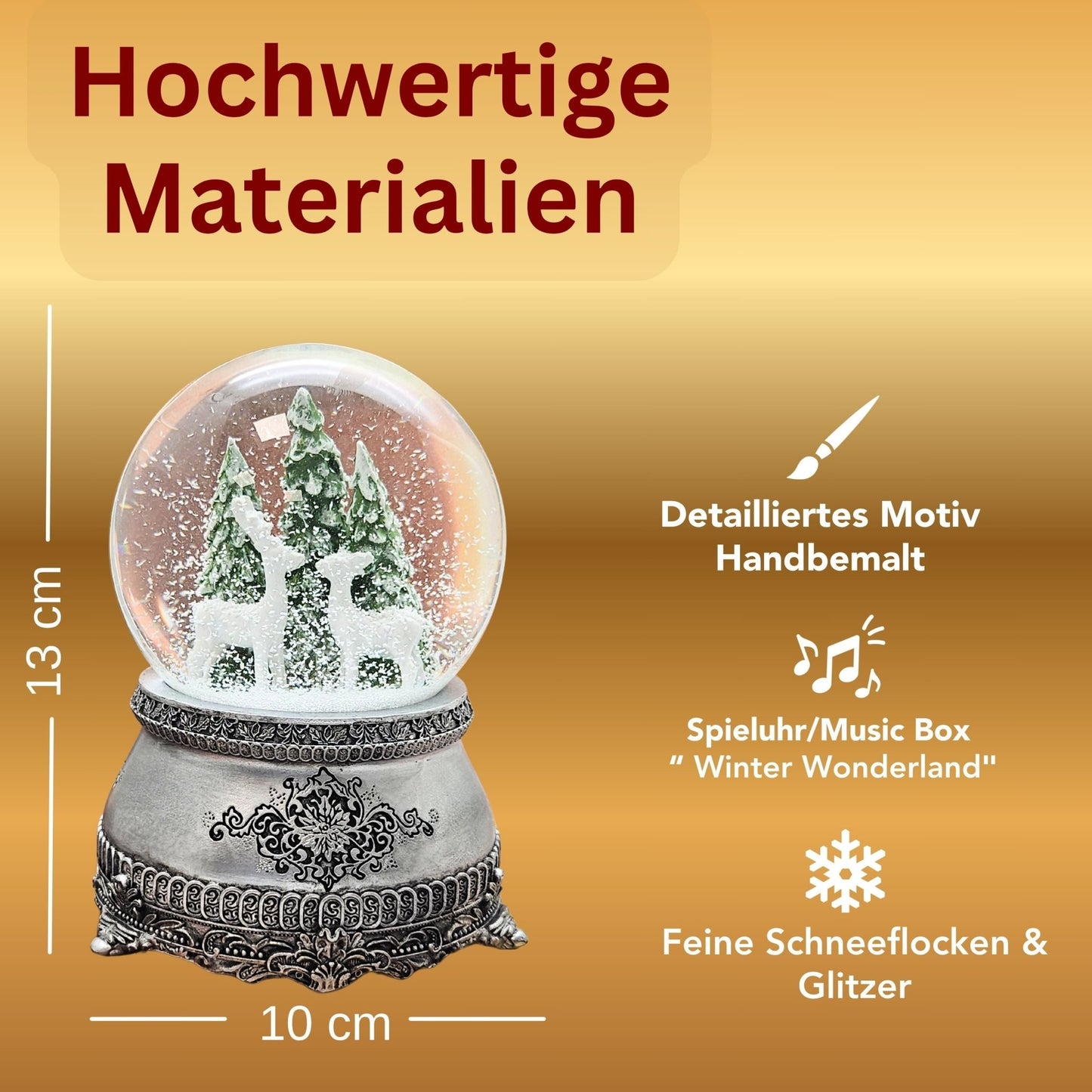 Nostalgische Schneekugel 2 Rehe vor Tannenbäumen auf Zinnsockel 100 mm Durchmesser mit Spieluhr - Schneekugelhaus