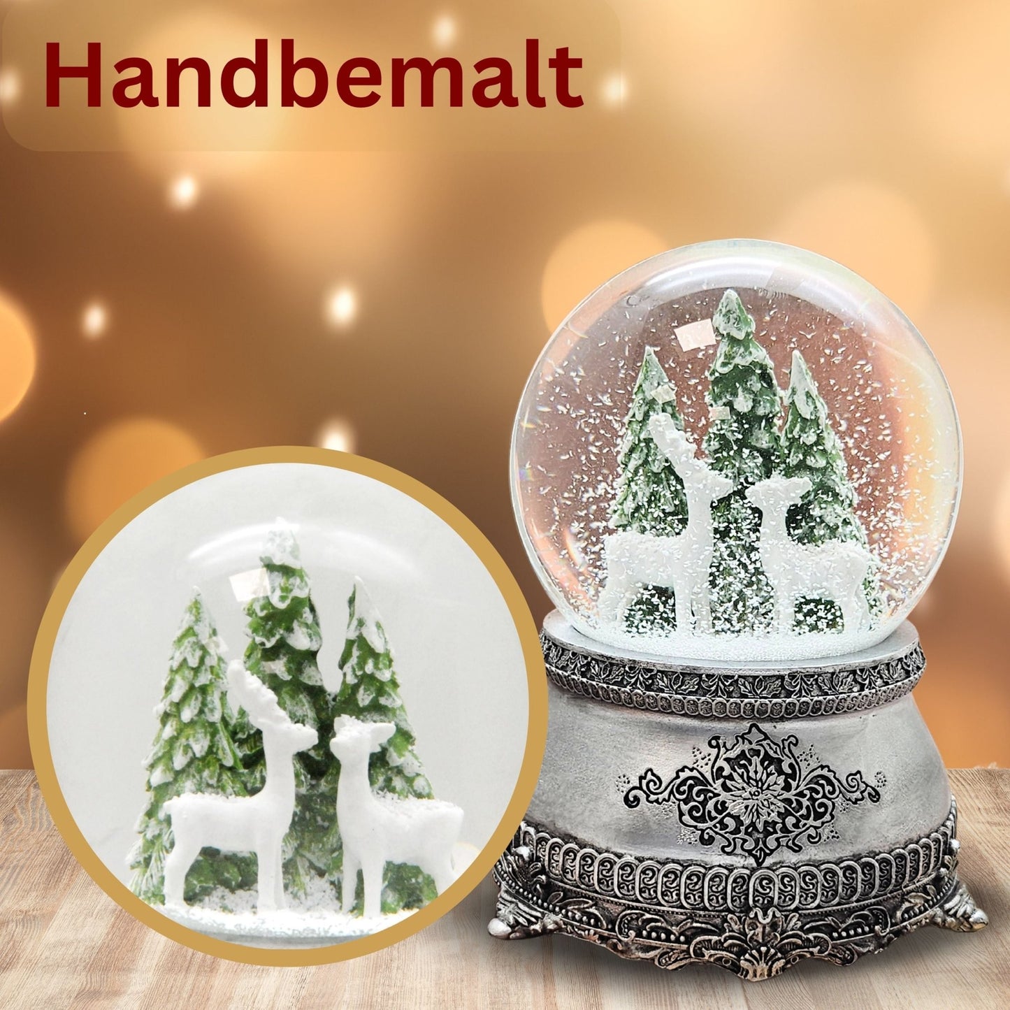 Nostalgische Schneekugel 2 Rehe vor Tannenbäumen auf Zinnsockel 100 mm Durchmesser mit Spieluhr - Schneekugelhaus