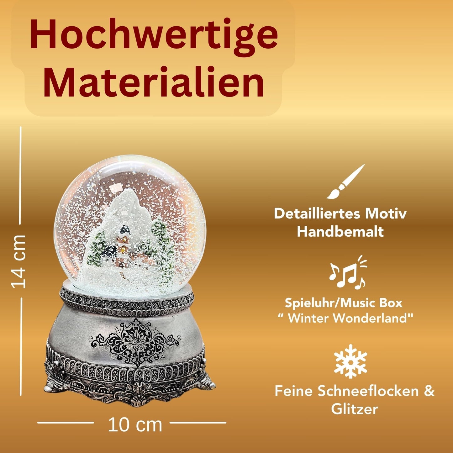 Nostalgische Schneekugel Alpendorf auf Zinnsockel verziehrt 100 mm Durchmesser mit Spieluhr - Schneekugelhaus