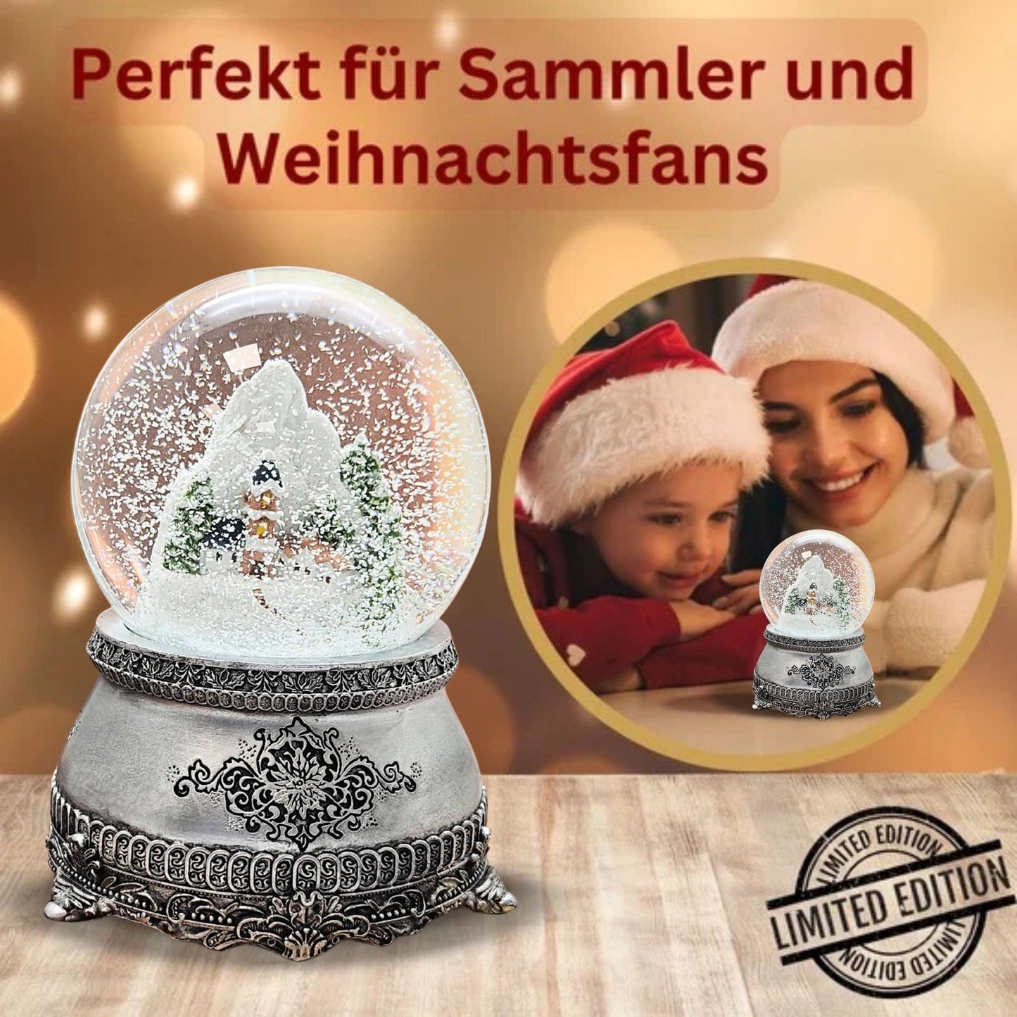 Nostalgische Schneekugel Alpendorf auf Zinnsockel verziehrt 100 mm Durchmesser mit Spieluhr - Schneekugelhaus