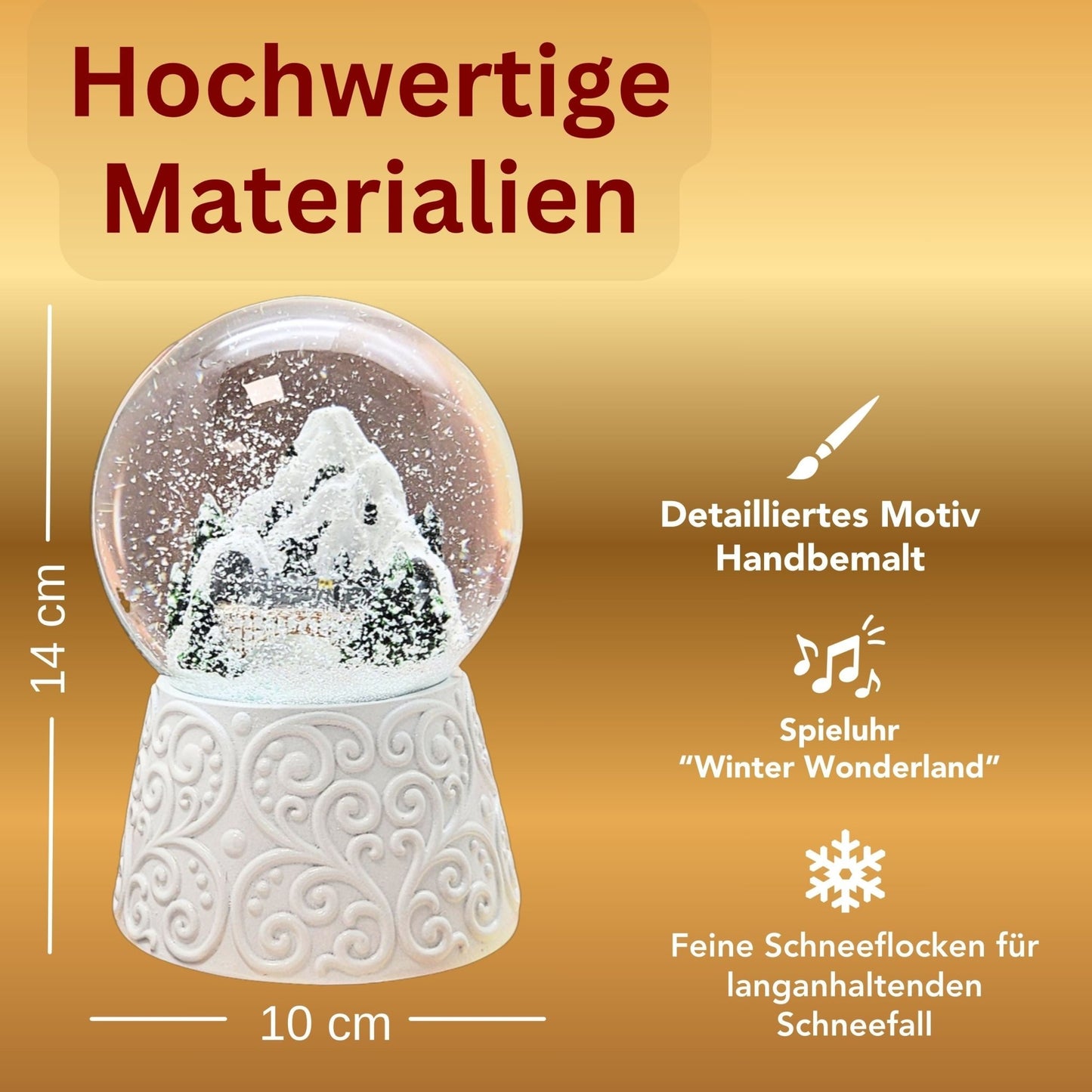 Nostalgische Schneekugel Berglandschaft mit Brücke auf Sockel weiß Ornamente 100 mm Durchmesser mit Spieluhr - Schneekugelhaus