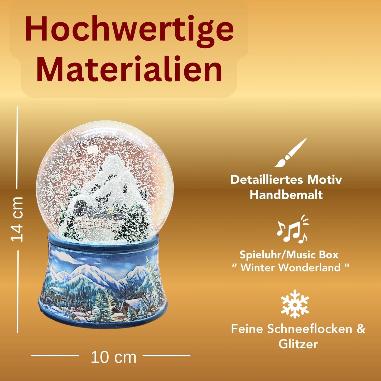 Nostalgische Schneekugel Berglandschaft mit Brücke auf Sockel Winterlandschaft hellblau 100 mm Durchmesser mit Spieluhr - Schneekugelhaus