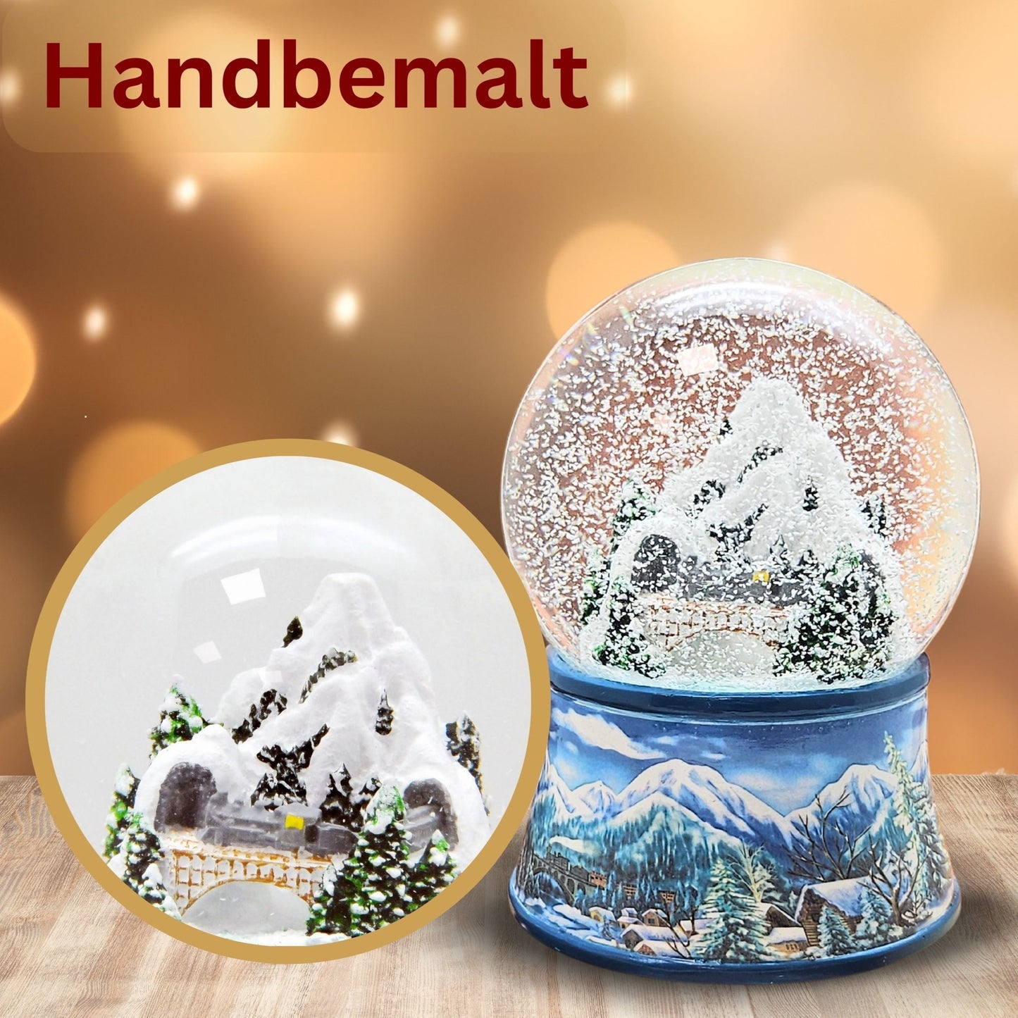 Nostalgische Schneekugel Berglandschaft mit Brücke auf Sockel Winterlandschaft hellblau 100 mm Durchmesser mit Spieluhr - Schneekugelhaus