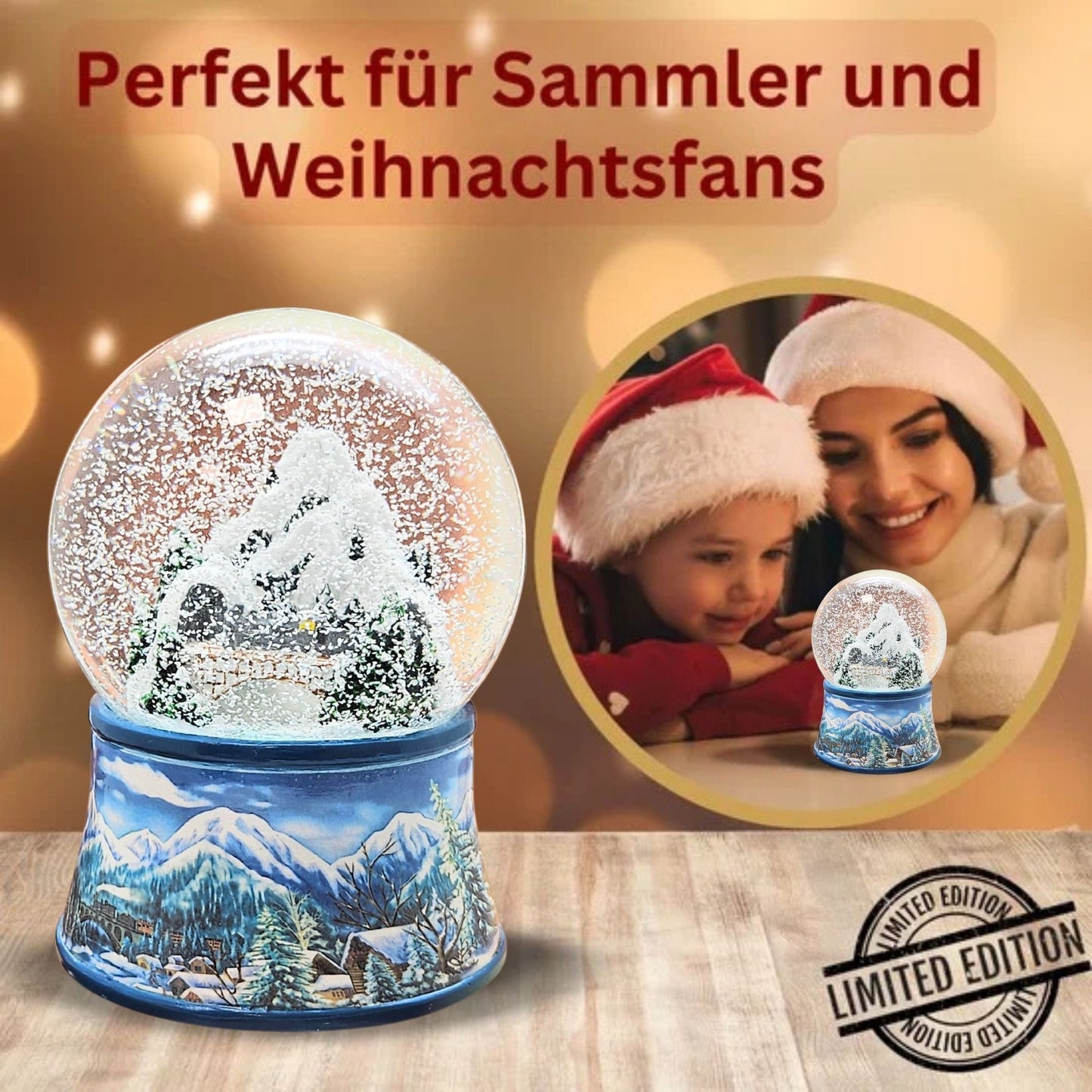 Nostalgische Schneekugel Berglandschaft mit Brücke auf Sockel Winterlandschaft hellblau 100 mm Durchmesser mit Spieluhr - Schneekugelhaus