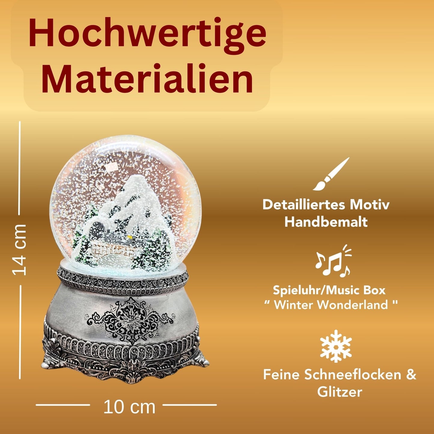 Nostalgische Schneekugel Berglandschaft mit Brücke auf Zinnsockel 100 mm Durchmesser mit Spieluhr - Schneekugelhaus