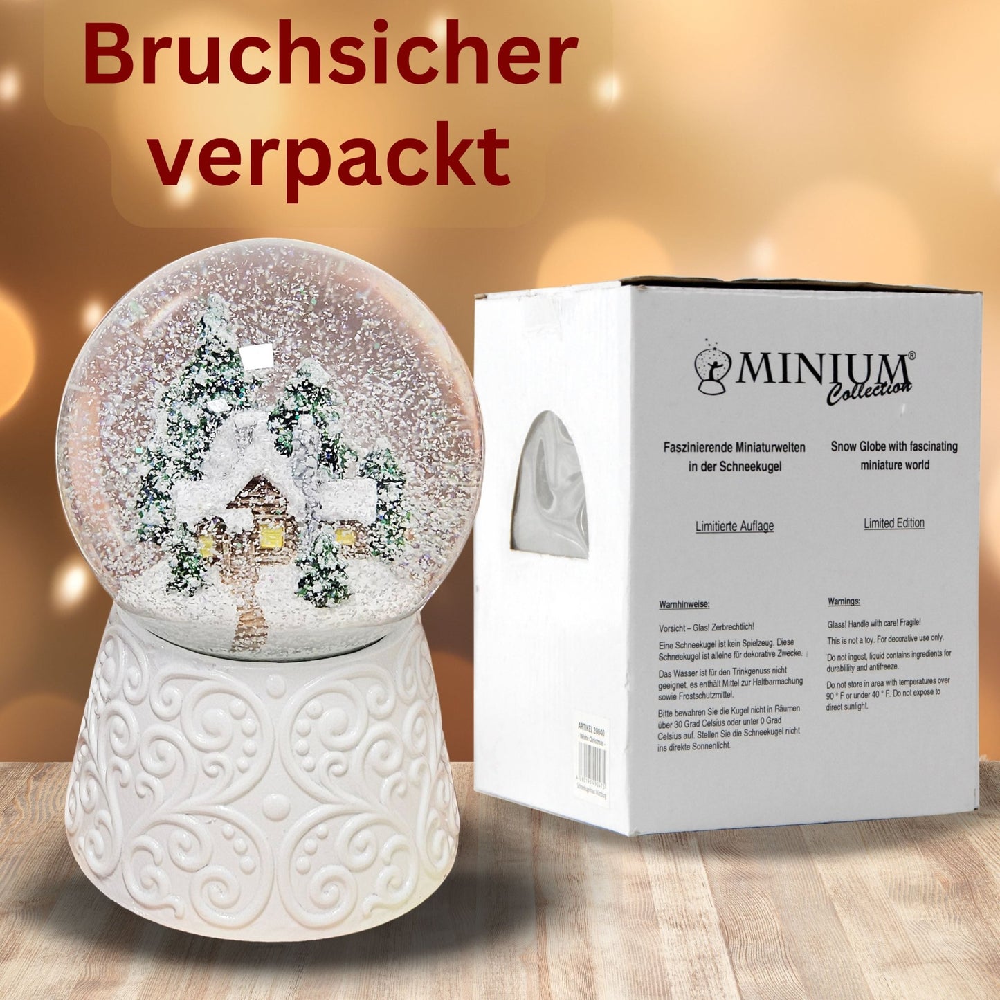 Nostalgische Schneekugel Hütte auf Ornamentsockel weiß 100 mm Durchmesser mit Spieluhr - Schneekugelhaus