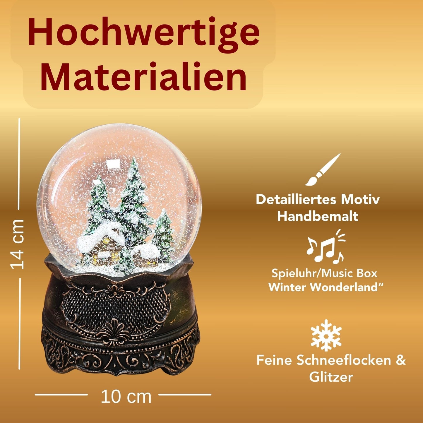 Nostalgische Schneekugel Hüttenzauber Berghütte auf Ornamentsockel kupfer antik 100 mm Durchmesser mit Spieluhr - Schneekugelhaus
