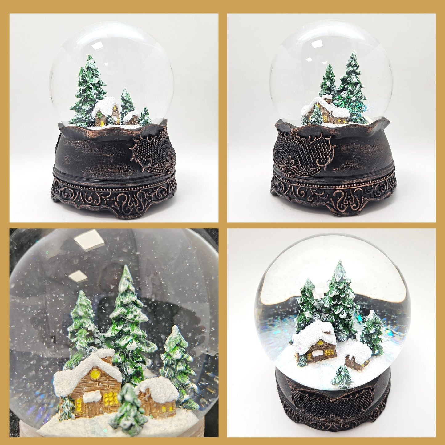 Nostalgische Schneekugel Hüttenzauber Berghütte auf Ornamentsockel kupfer antik 100 mm Durchmesser mit Spieluhr - Schneekugelhaus