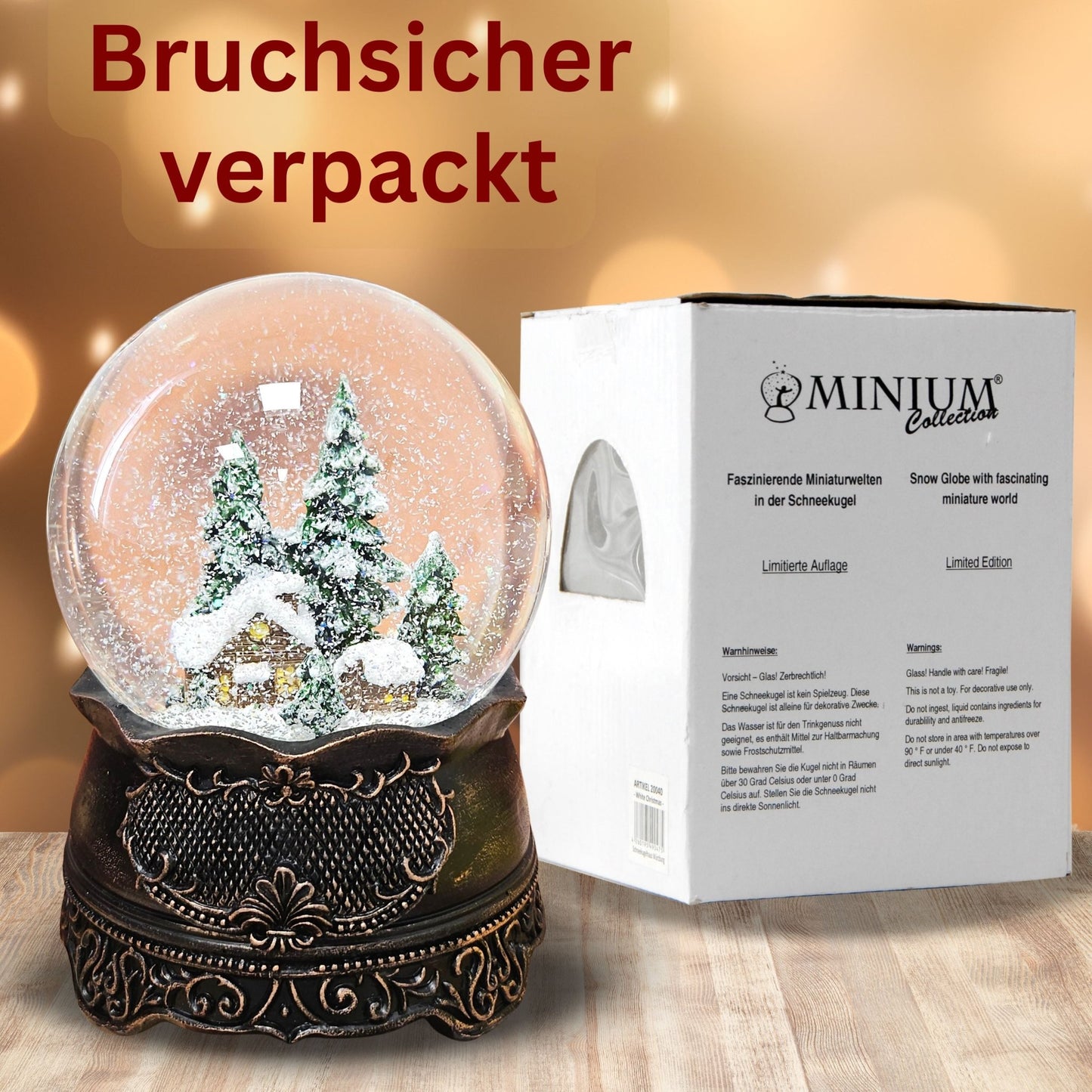 Nostalgische Schneekugel Hüttenzauber Berghütte auf Ornamentsockel kupfer antik 100 mm Durchmesser mit Spieluhr - Schneekugelhaus