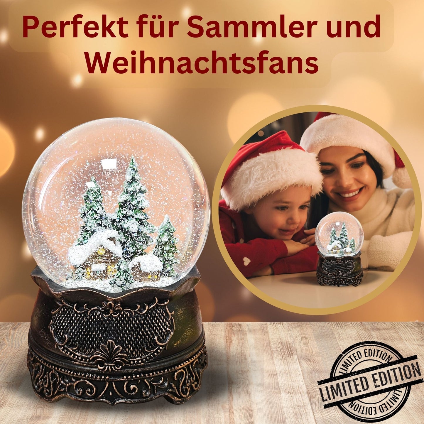 Nostalgische Schneekugel Hüttenzauber Berghütte auf Ornamentsockel kupfer antik 100 mm Durchmesser mit Spieluhr - Schneekugelhaus