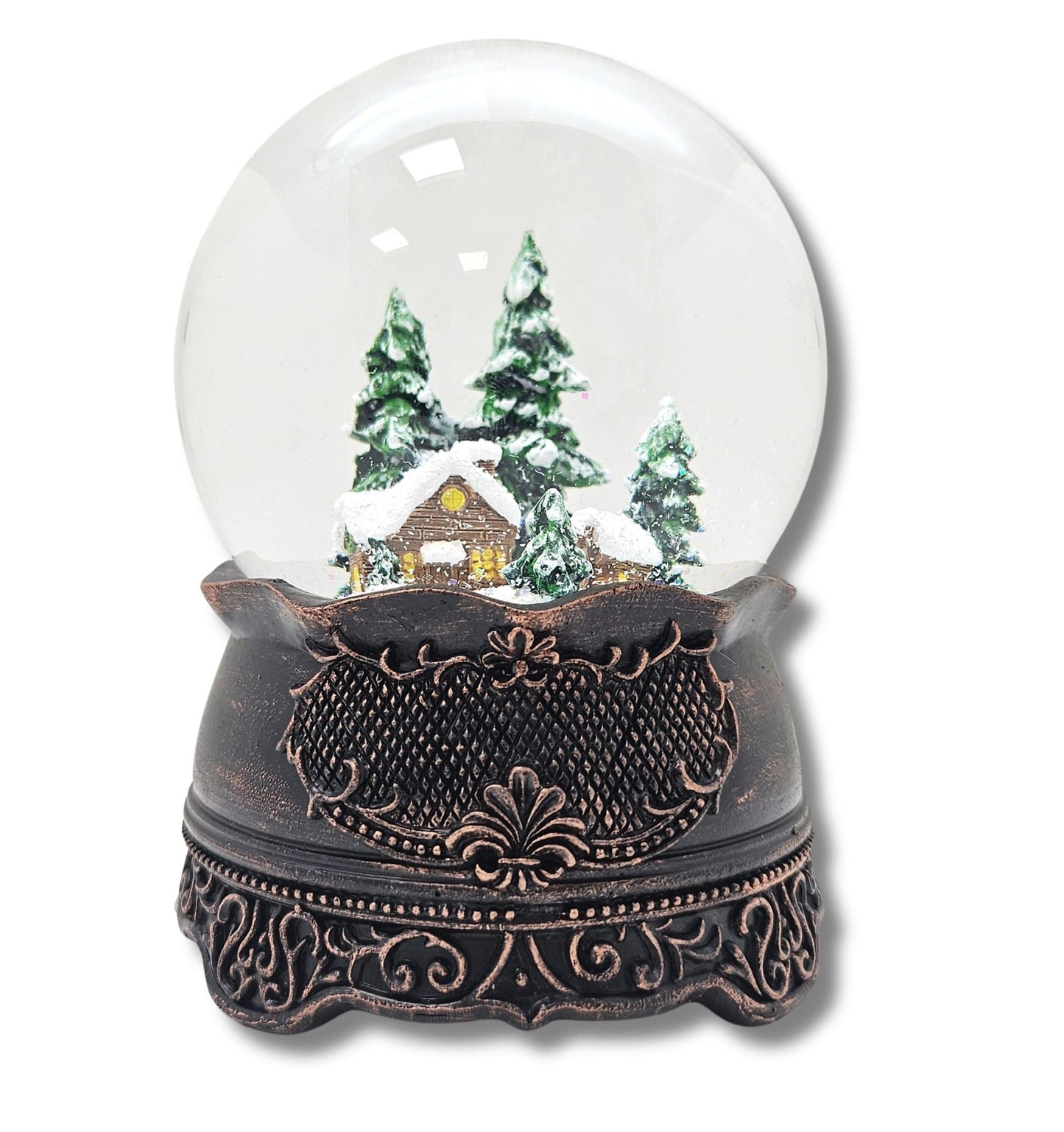 Nostalgische Schneekugel Hüttenzauber Berghütte auf Ornamentsockel kupfer antik 100 mm Durchmesser mit Spieluhr - Schneekugelhaus