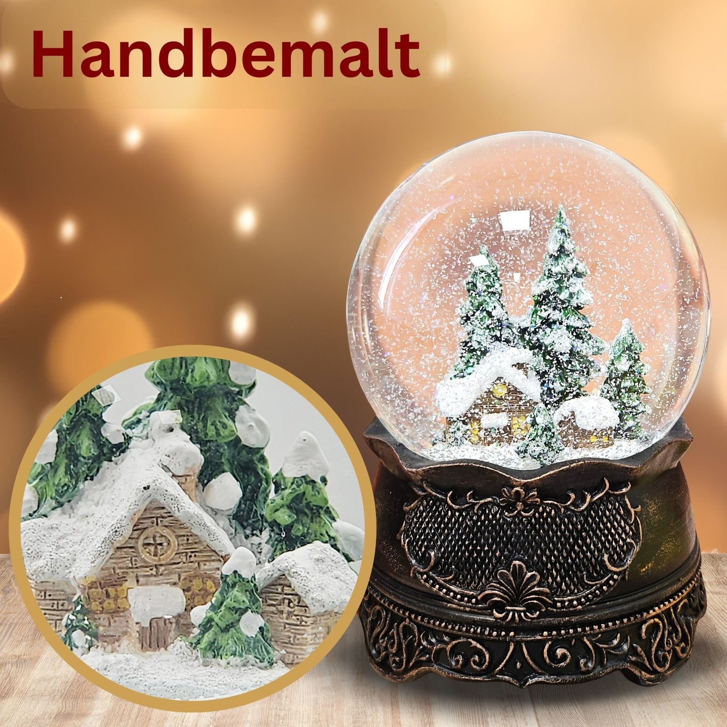 Nostalgische Schneekugel Hüttenzauber Berghütte auf Ornamentsockel kupfer antik 100 mm Durchmesser mit Spieluhr - Schneekugelhaus