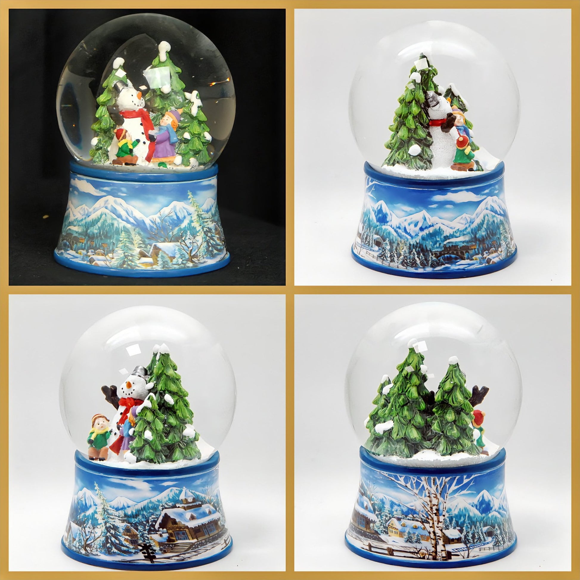 Nostalgische Schneekugel Kinder bauen Schneemann auf Sockel Winterlandschaft hellblau 100 mm Durchmesser mit Spieluhr - Schneekugelhaus