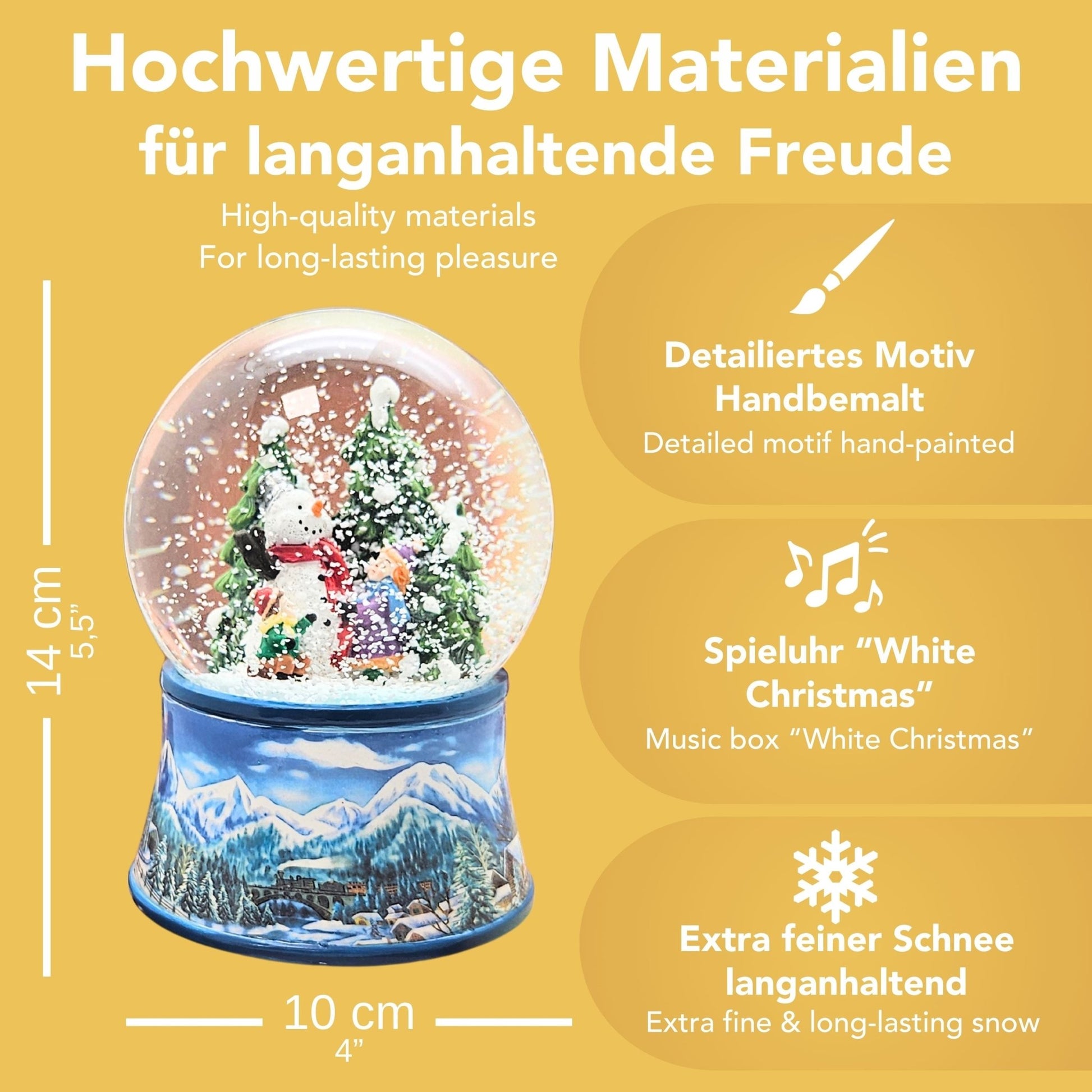 Nostalgische Schneekugel Kinder bauen Schneemann auf Sockel Winterlandschaft hellblau 100 mm Durchmesser mit Spieluhr - Schneekugelhaus