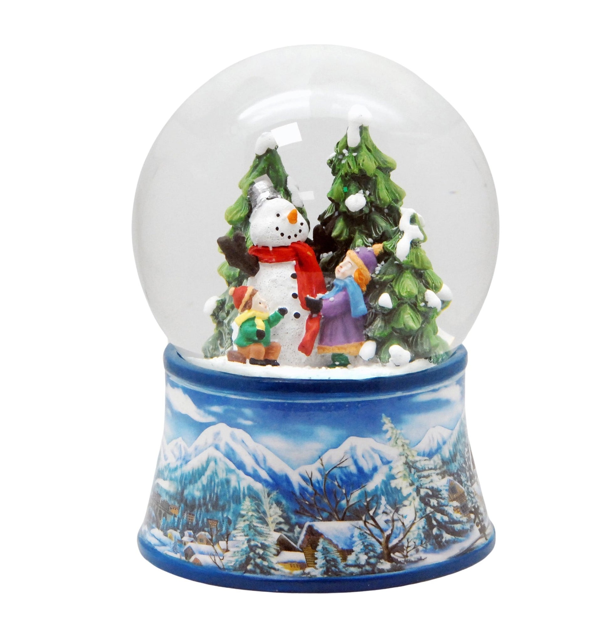 Nostalgische Schneekugel Kinder bauen Schneemann auf Sockel Winterlandschaft hellblau 100 mm Durchmesser mit Spieluhr - Schneekugelhaus