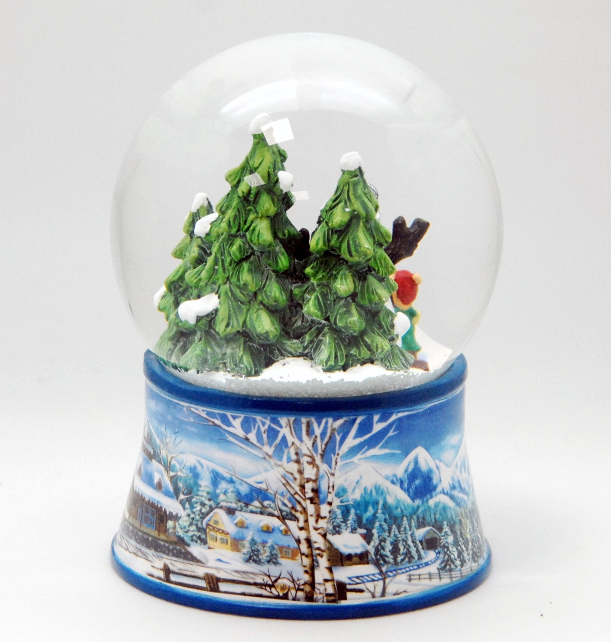 Nostalgische Schneekugel Kinder bauen Schneemann auf Sockel Winterlandschaft hellblau 100 mm Durchmesser mit Spieluhr - Schneekugelhaus