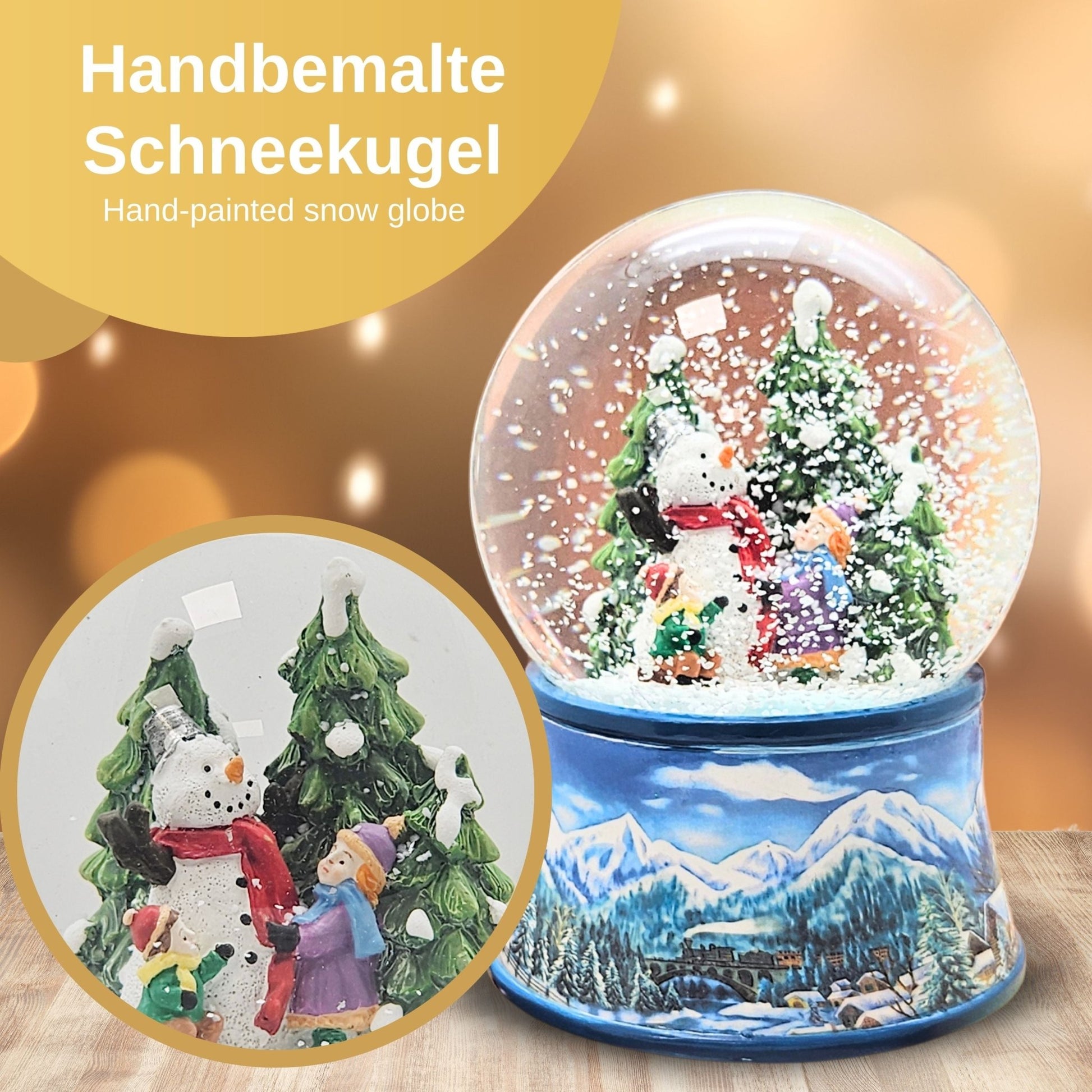 Nostalgische Schneekugel Kinder bauen Schneemann auf Sockel Winterlandschaft hellblau 100 mm Durchmesser mit Spieluhr - Schneekugelhaus