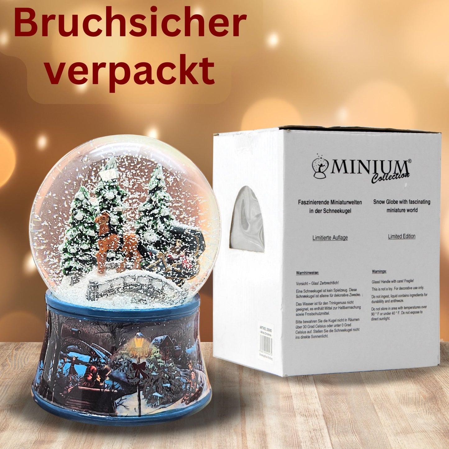 Nostalgische Schneekugel Kutsche über Brücke auf Sockel Eisläufer 100 mm Durchmesser mit Spieluhr - Schneekugelhaus
