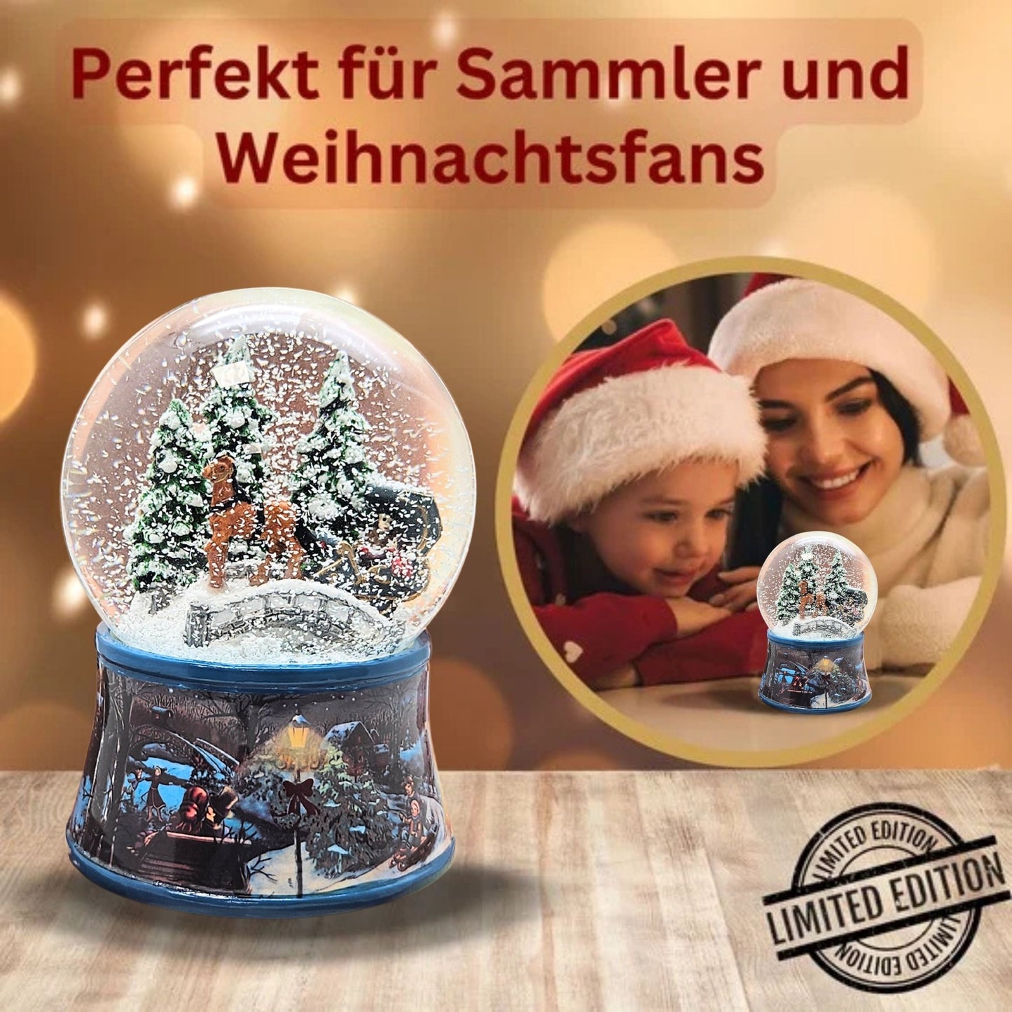 Nostalgische Schneekugel Kutsche über Brücke auf Sockel Eisläufer 100 mm Durchmesser mit Spieluhr - Schneekugelhaus