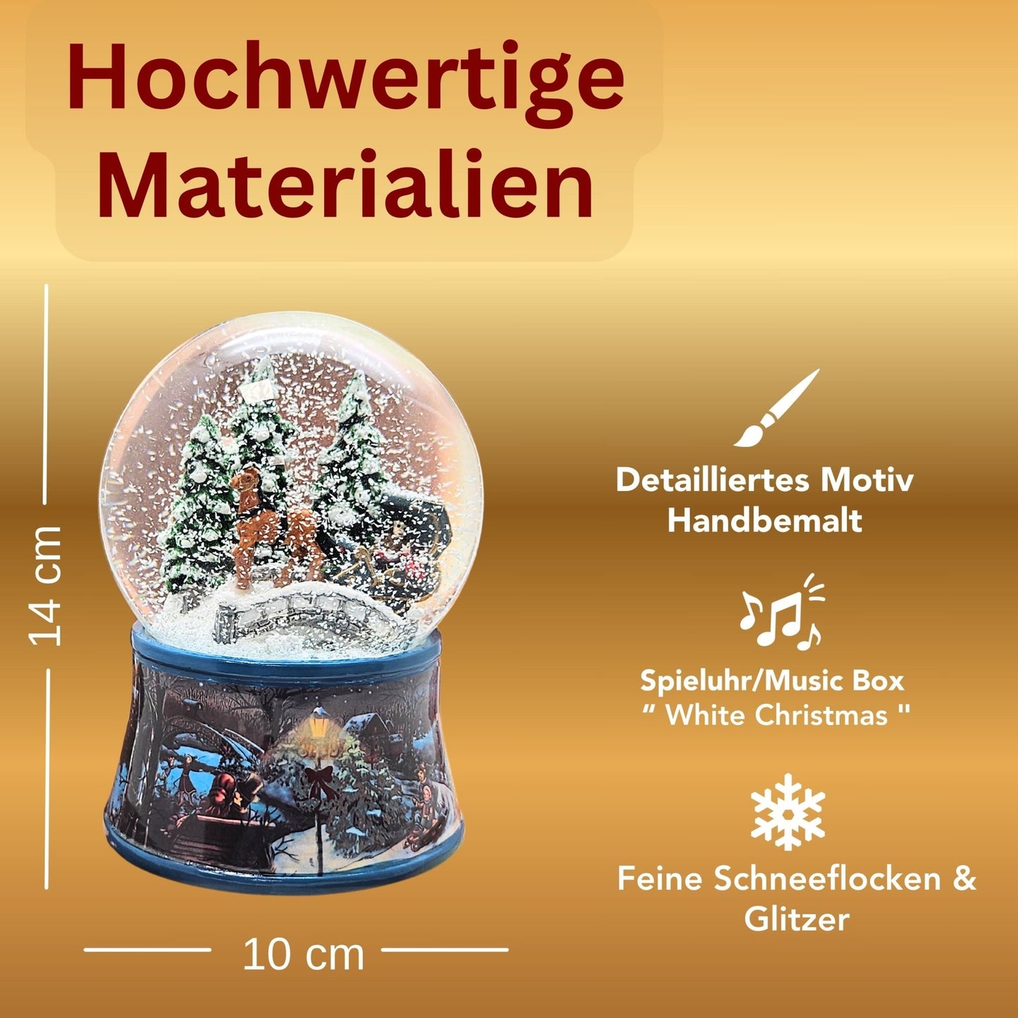 Nostalgische Schneekugel Kutsche über Brücke auf Sockel Eisläufer 100 mm Durchmesser mit Spieluhr - Schneekugelhaus