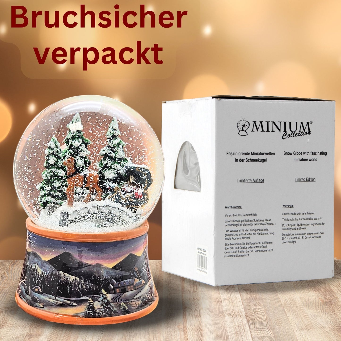 Nostalgische Schneekugel Kutsche über Brücke auf Sockel Winterlandschaft 100 mm Durchmesser mit Spieluhr - Schneekugelhaus