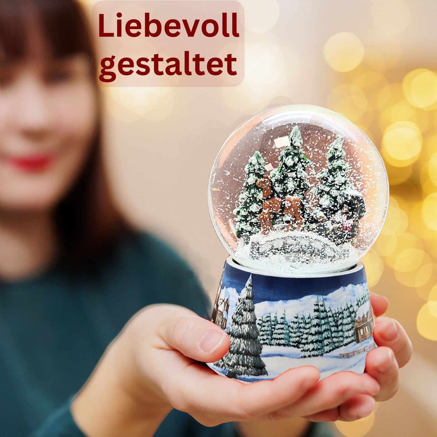 Nostalgische Schneekugel Kutsche über Brücke auf Sockel Winterlandschaft mittelblau 100 mm Durchmesser mit Spieluhr - Schneekugelhaus