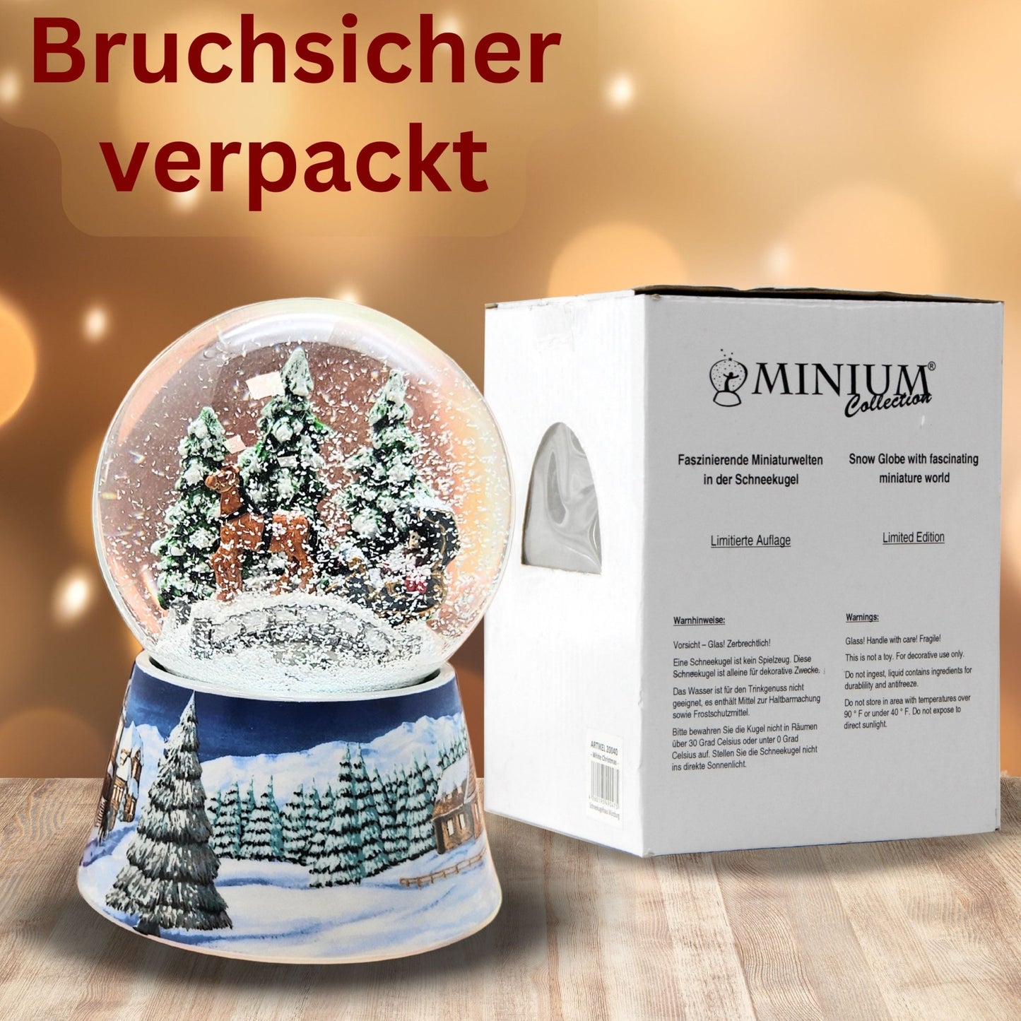 Nostalgische Schneekugel Kutsche über Brücke auf Sockel Winterlandschaft mittelblau 100 mm Durchmesser mit Spieluhr - Schneekugelhaus