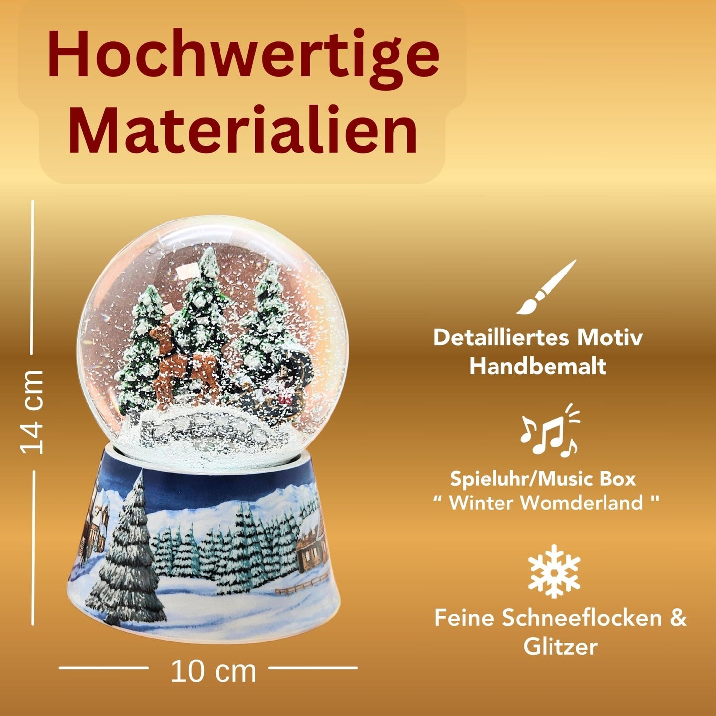 Nostalgische Schneekugel Kutsche über Brücke auf Sockel Winterlandschaft mittelblau 100 mm Durchmesser mit Spieluhr - Schneekugelhaus