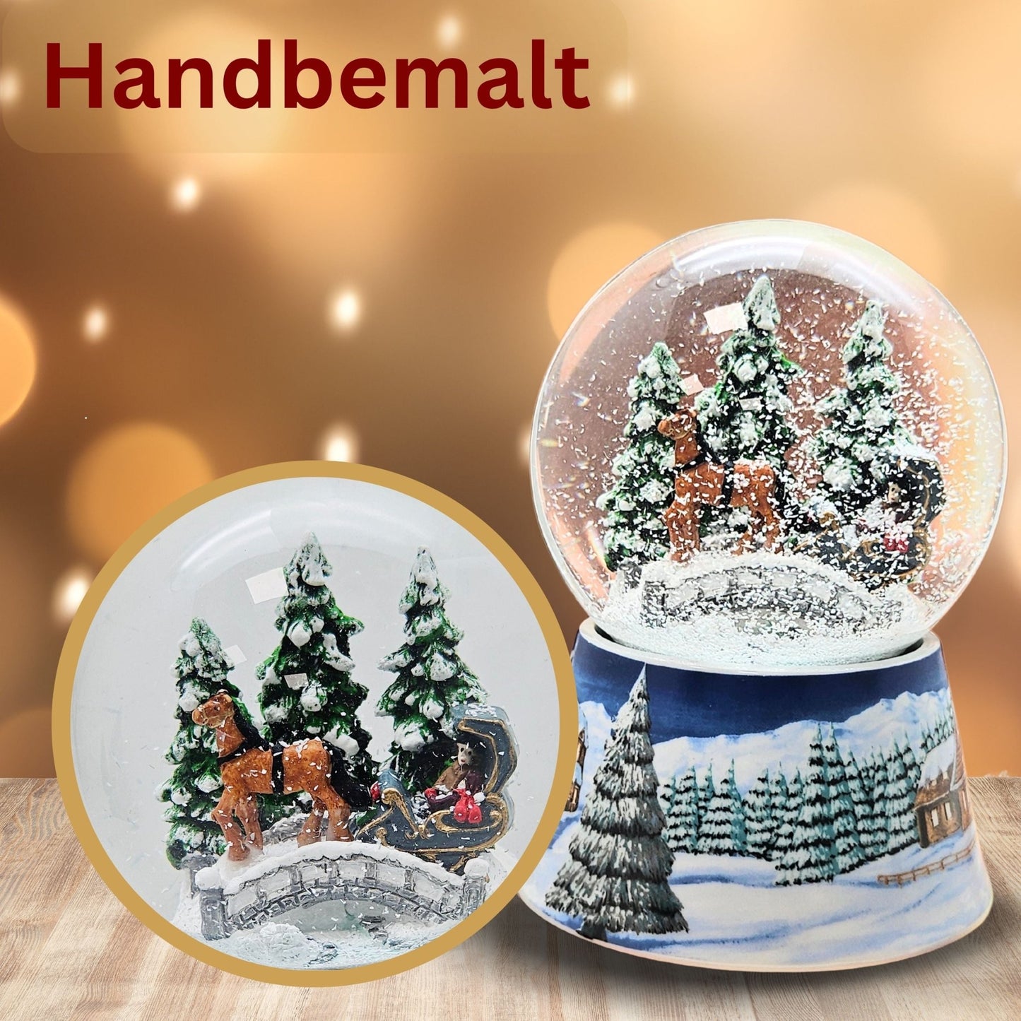 Nostalgische Schneekugel Kutsche über Brücke auf Sockel Winterlandschaft mittelblau 100 mm Durchmesser mit Spieluhr - Schneekugelhaus