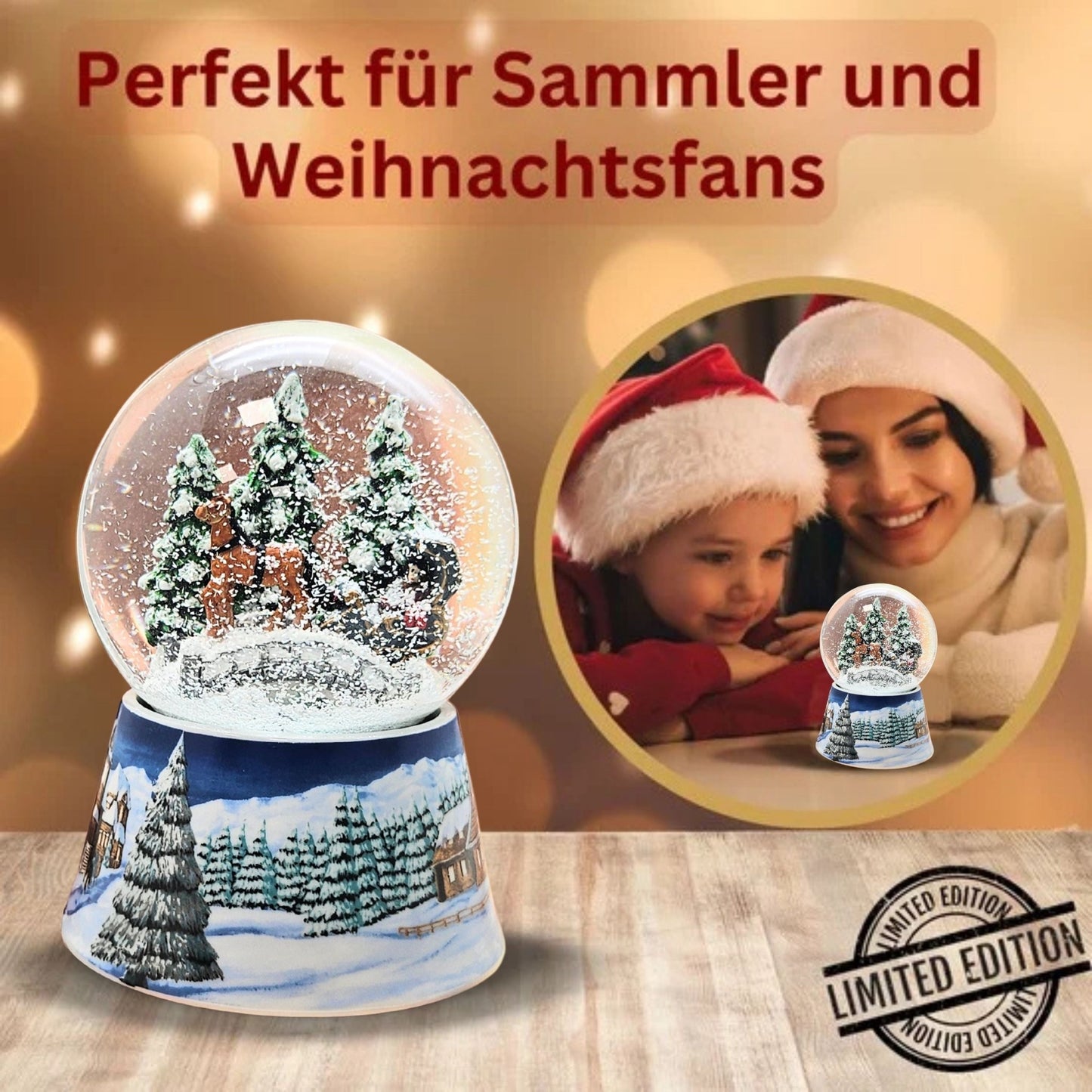 Nostalgische Schneekugel Kutsche über Brücke auf Sockel Winterlandschaft mittelblau 100 mm Durchmesser mit Spieluhr - Schneekugelhaus
