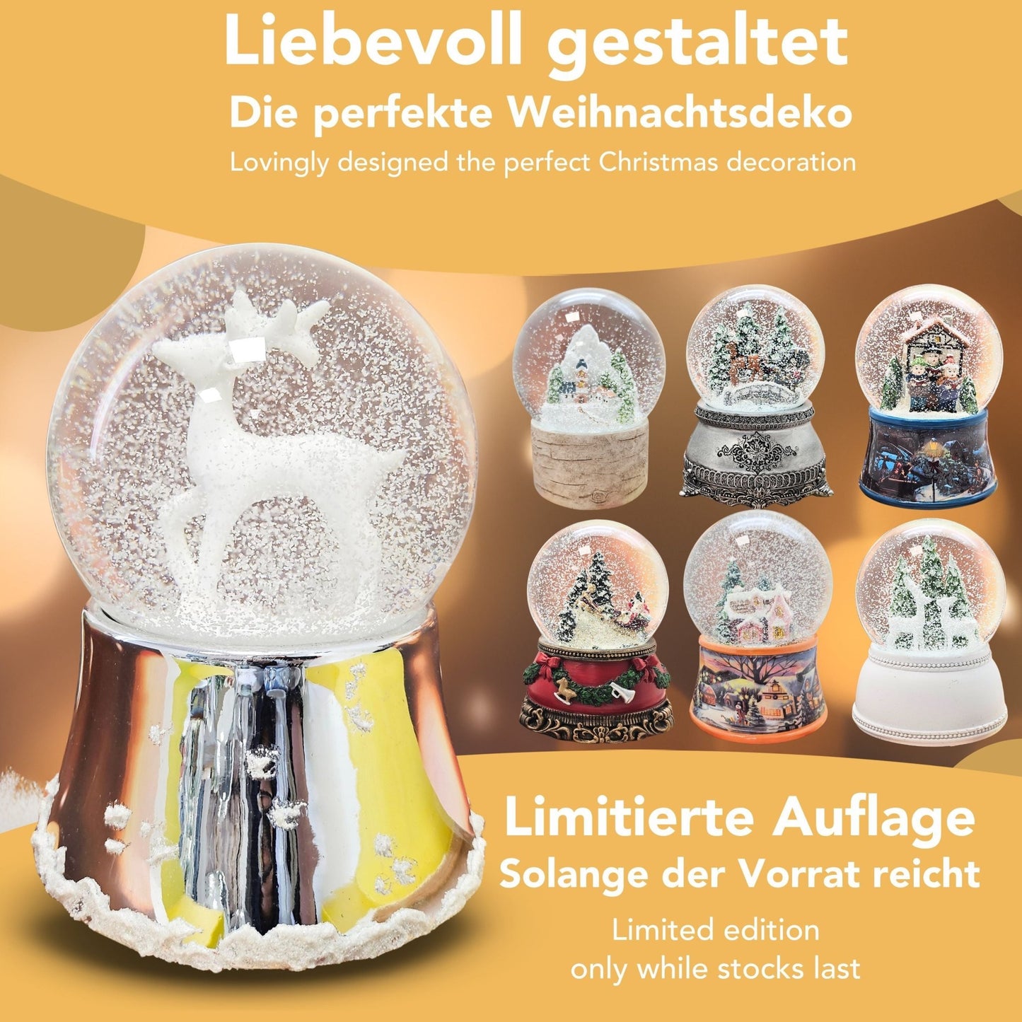 Nostalgische Schneekugel Reh weiß auf Silber Sockel mit Schneeflocken 100 mm Durchmesser mit Spieluhr - Schneekugelhaus