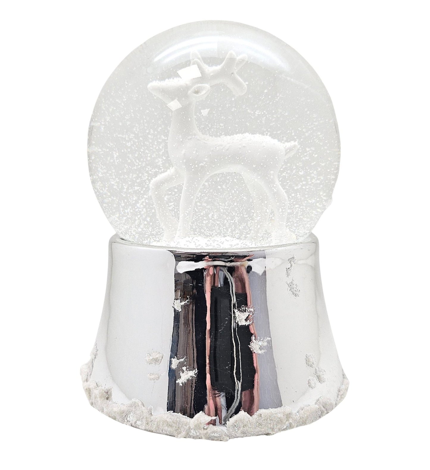 Nostalgische Schneekugel Reh weiß auf Silber Sockel mit Schneeflocken 100 mm Durchmesser mit Spieluhr - Schneekugelhaus