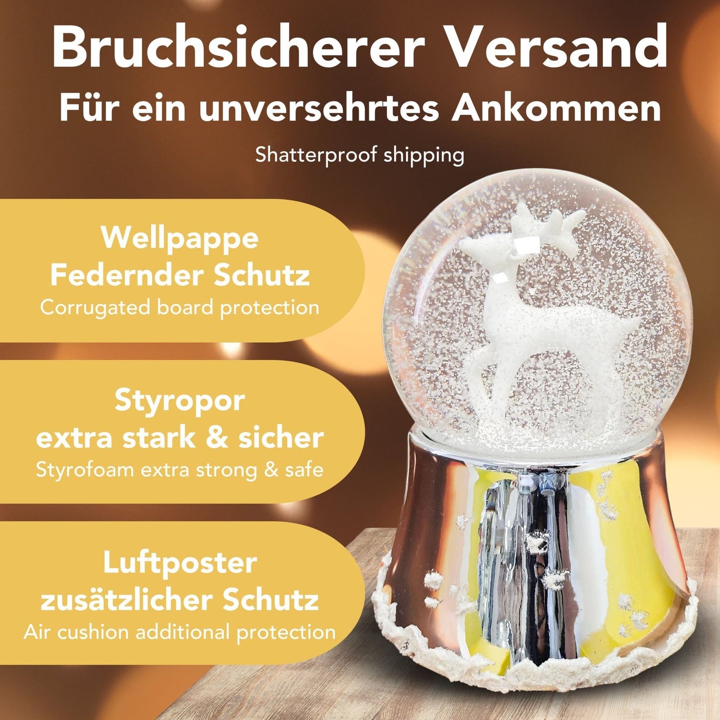Nostalgische Schneekugel Reh weiß auf Silber Sockel mit Schneeflocken 100 mm Durchmesser mit Spieluhr - Schneekugelhaus