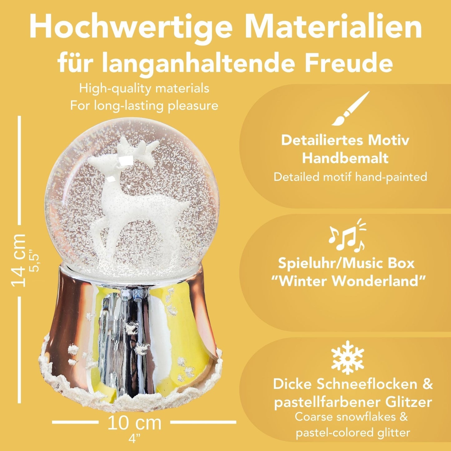 Nostalgische Schneekugel Reh weiß auf Silber Sockel mit Schneeflocken 100 mm Durchmesser mit Spieluhr - Schneekugelhaus