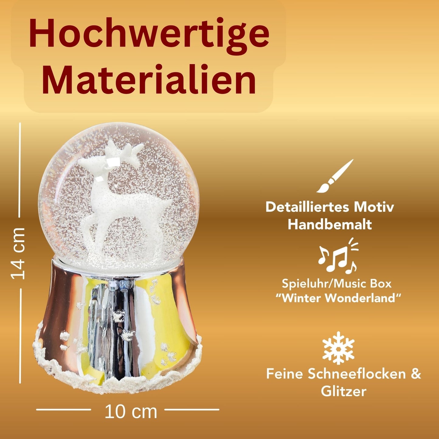 Nostalgische Schneekugel Reh weiß auf Silber Sockel mit Schneeflocken 100 mm Durchmesser mit Spieluhr - Schneekugelhaus