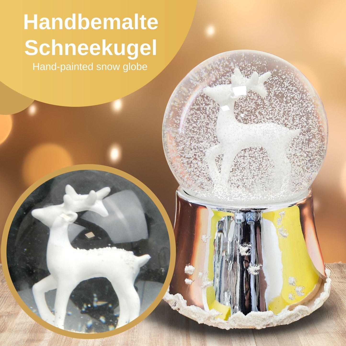 Nostalgische Schneekugel Reh weiß auf Silber Sockel mit Schneeflocken 100 mm Durchmesser mit Spieluhr - Schneekugelhaus