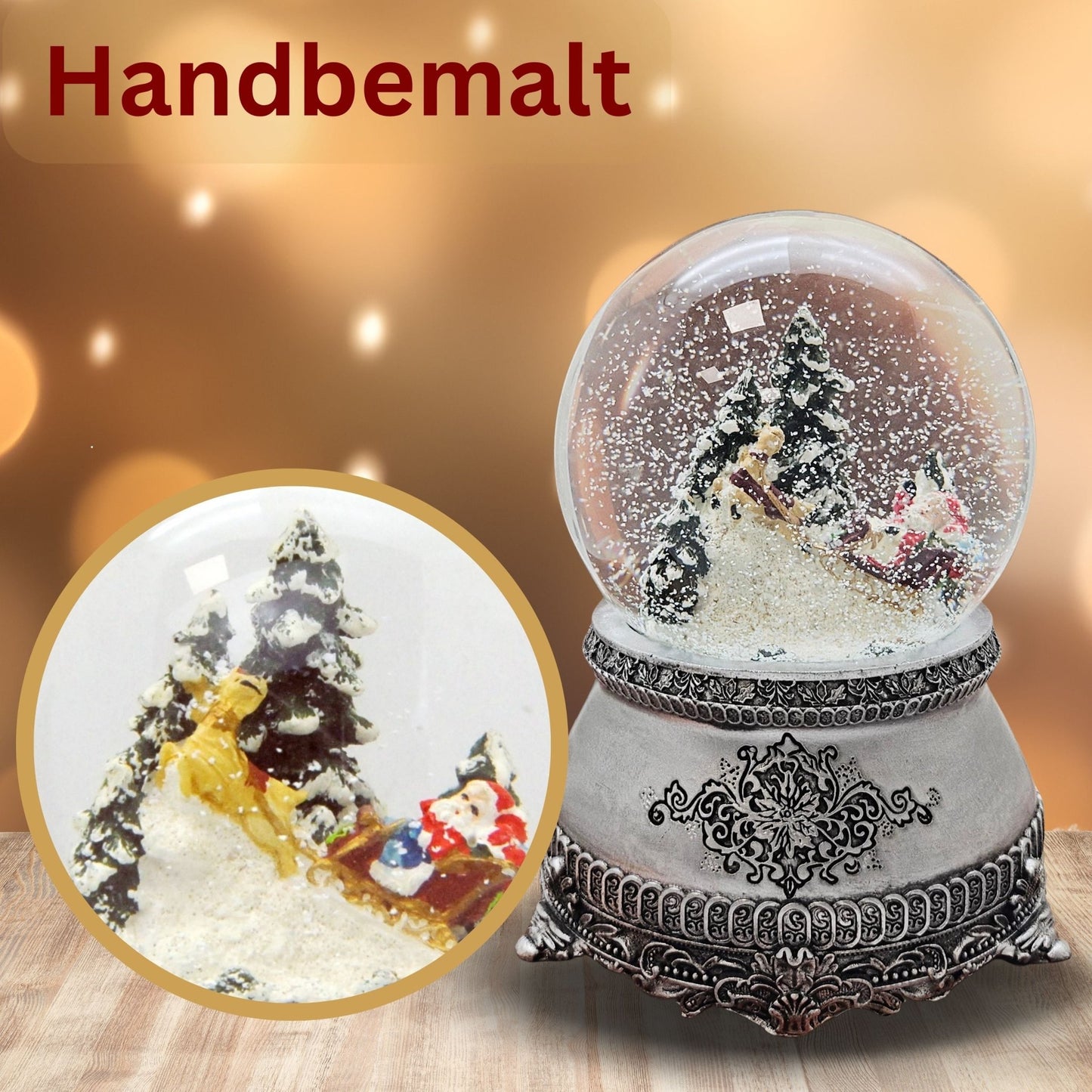 Nostalgische Schneekugel Santa im Schlitten auf Zinnsockel 100 mm Durchmesser mit Spieluhr - Schneekugelhaus