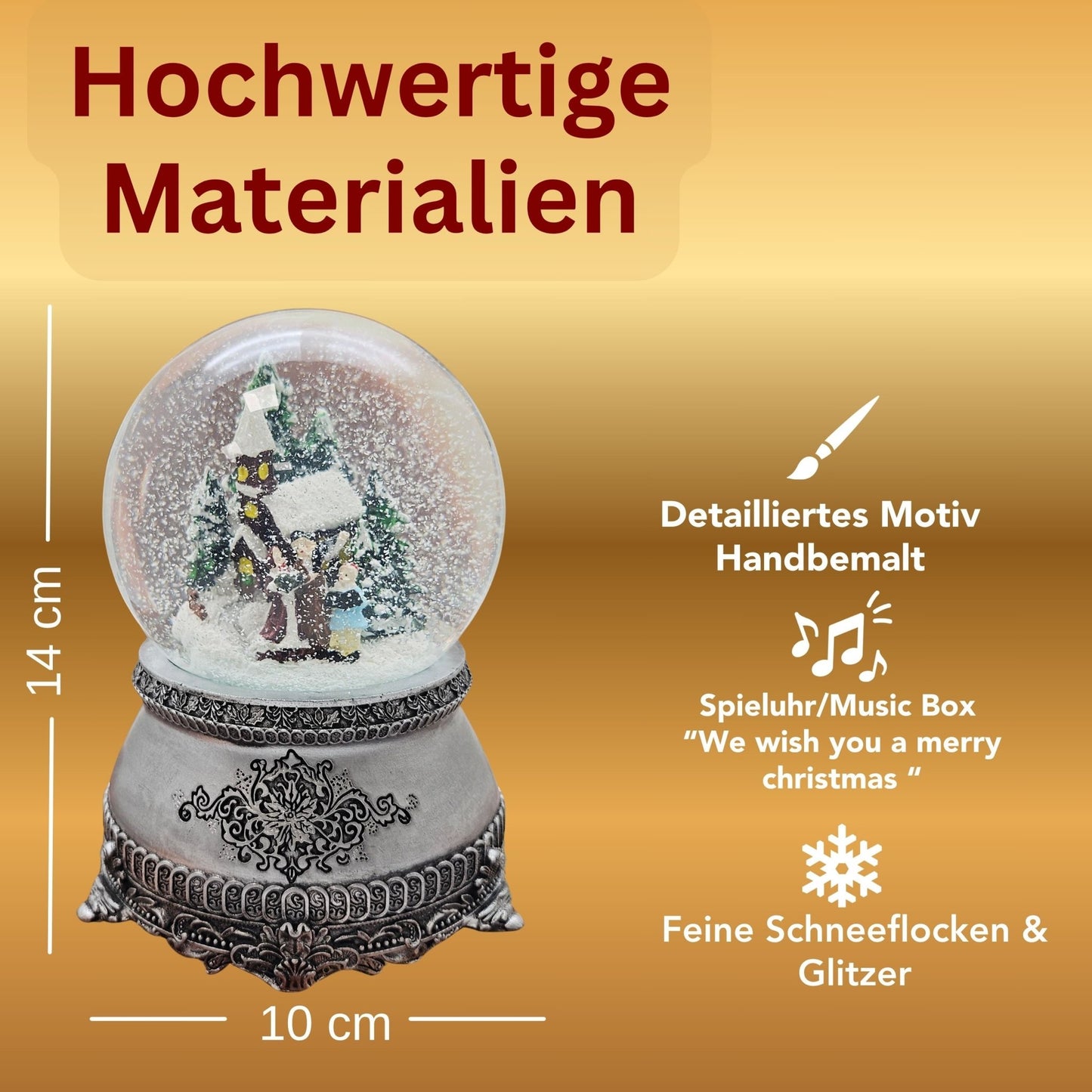 Nostalgische Schneekugel Santa im Schlitten auf Zinnsockel 100 mm Durchmesser mit Spieluhr - Schneekugelhaus