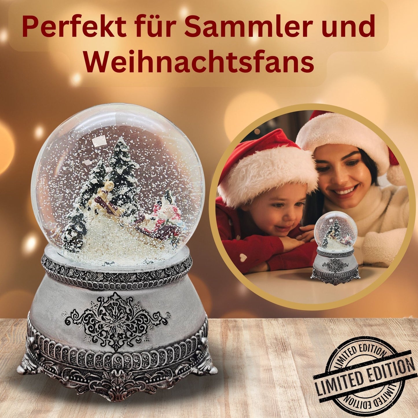 Nostalgische Schneekugel Santa im Schlitten auf Zinnsockel 100 mm Durchmesser mit Spieluhr - Schneekugelhaus