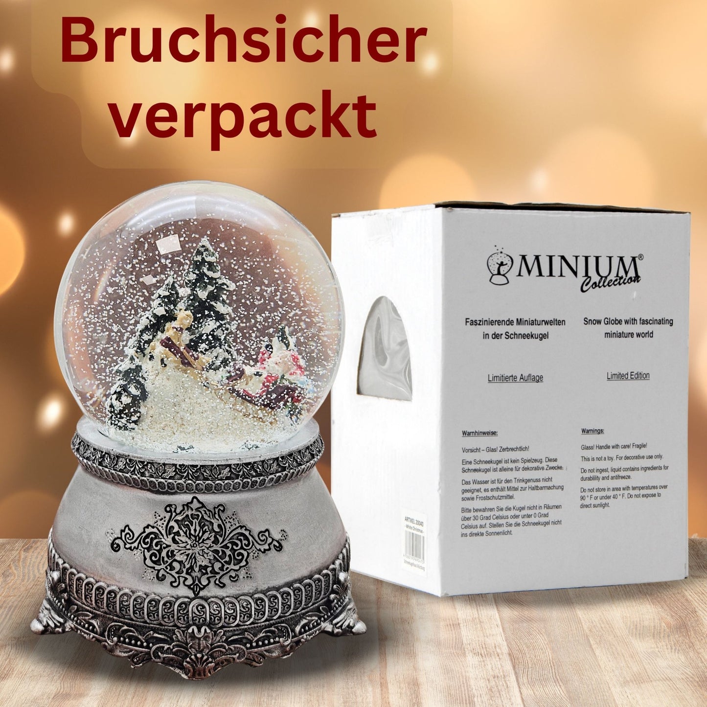 Nostalgische Schneekugel Santa im Schlitten auf Zinnsockel 100 mm Durchmesser mit Spieluhr - Schneekugelhaus