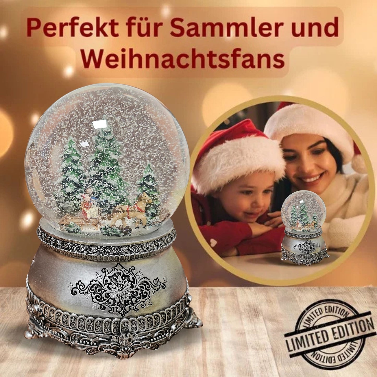 Nostalgische Schneekugel Schlittenfahrt auf Zinnsockel 100 mm Durchmesser mit Spieluhr - Schneekugelhaus